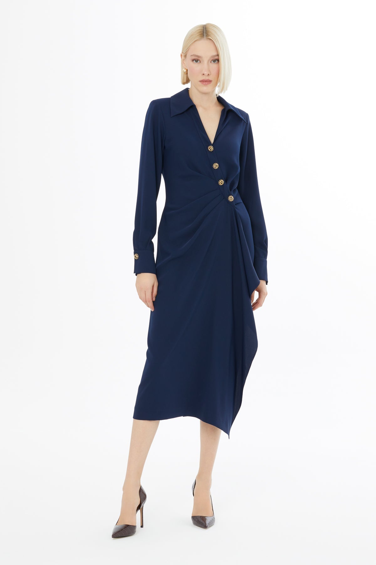 Navy Button-Front Midi Dress