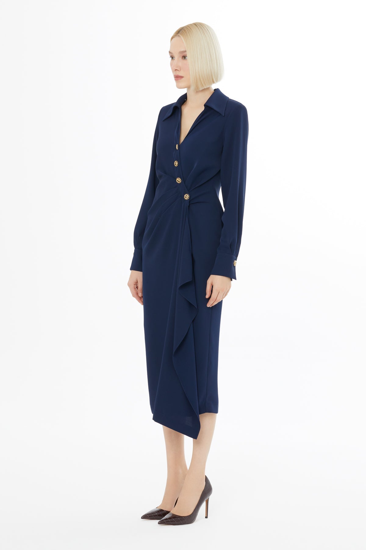 Navy Button-Front Midi Dress