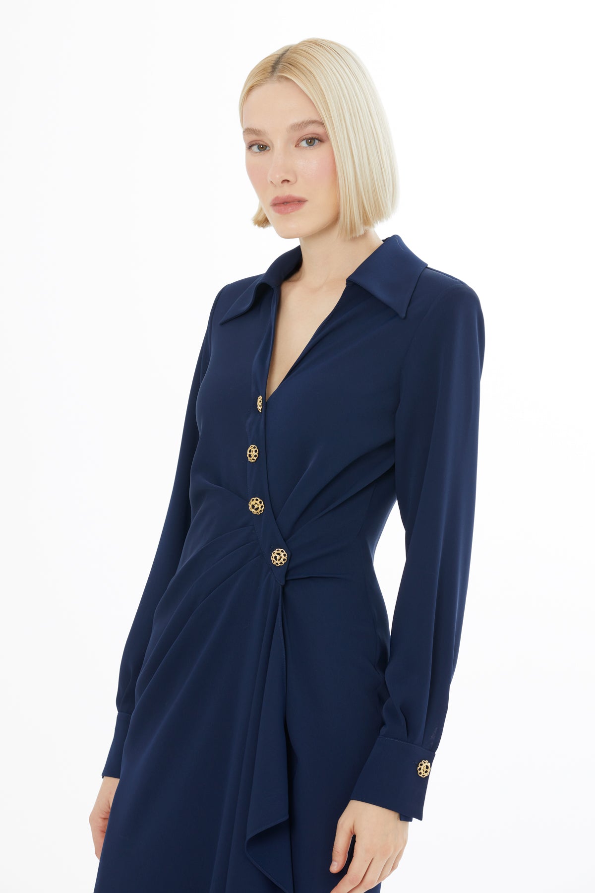 Navy Button-Front Midi Dress