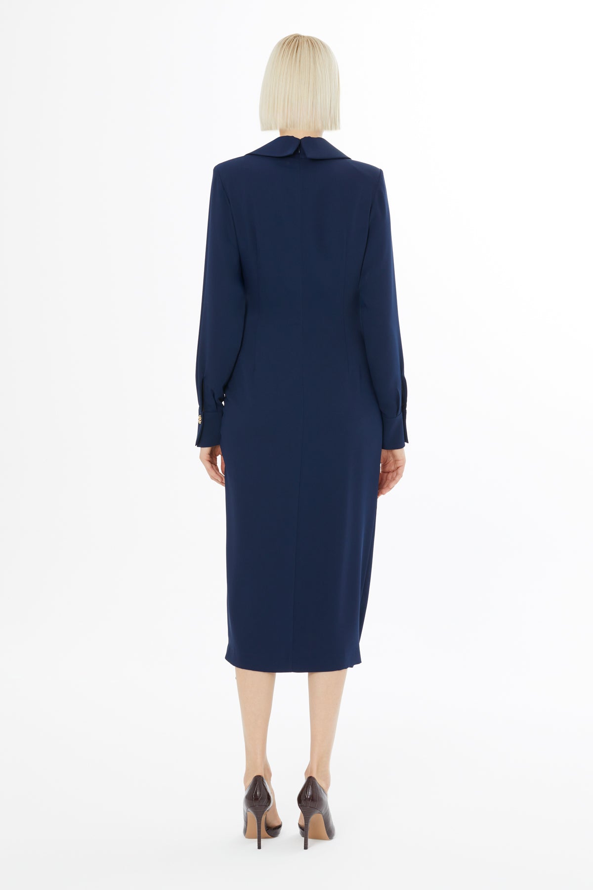 Navy Button-Front Midi Dress