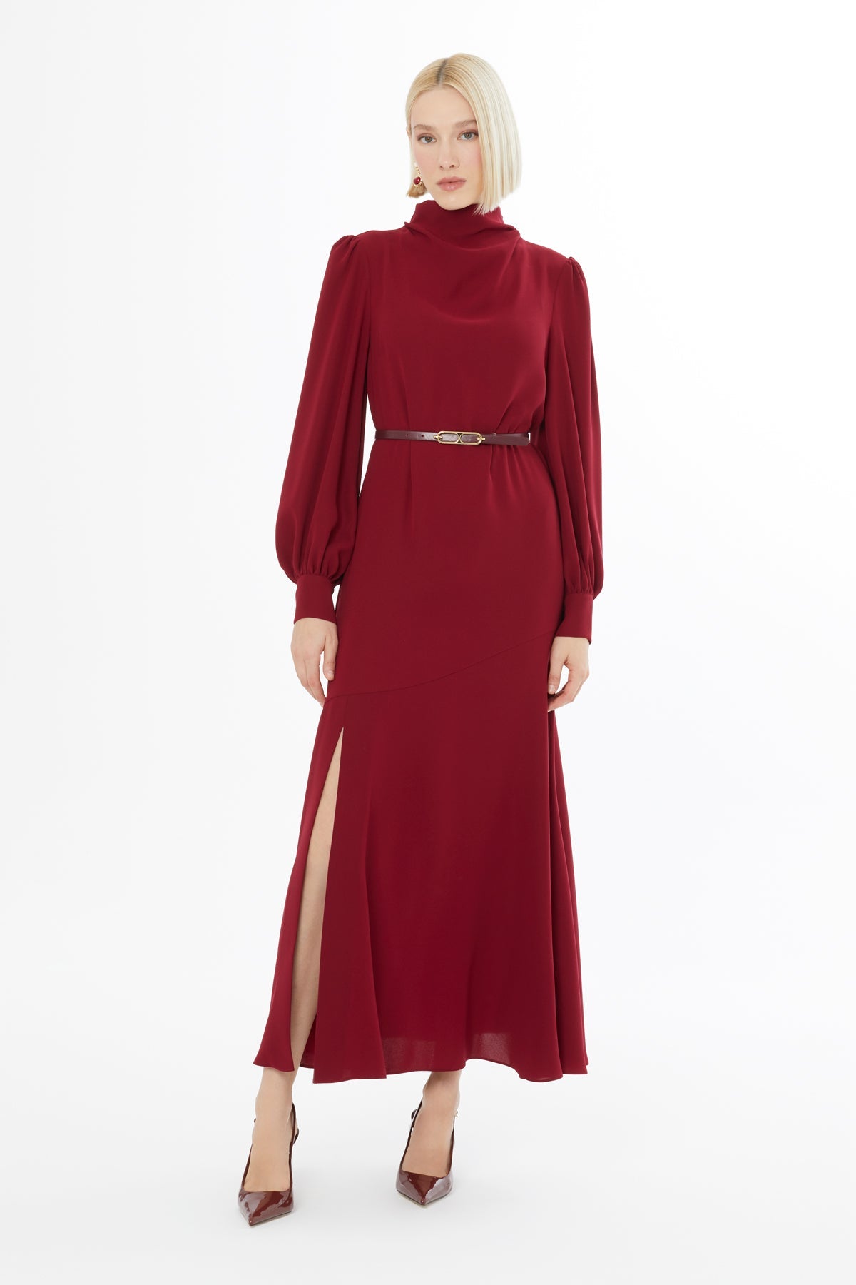 Burgundy Long Dress with Buttoned Sleeves