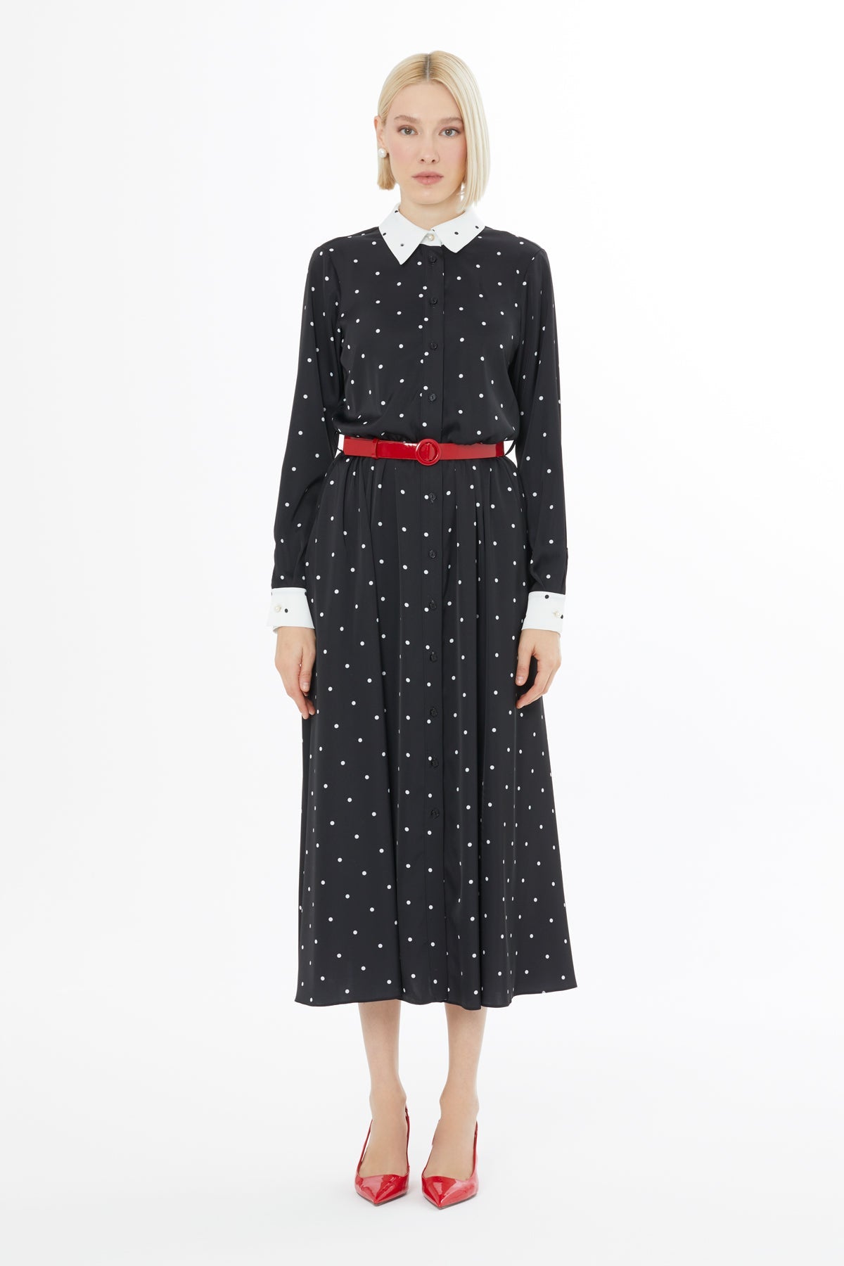 Polka Dot Belted Midi Dress