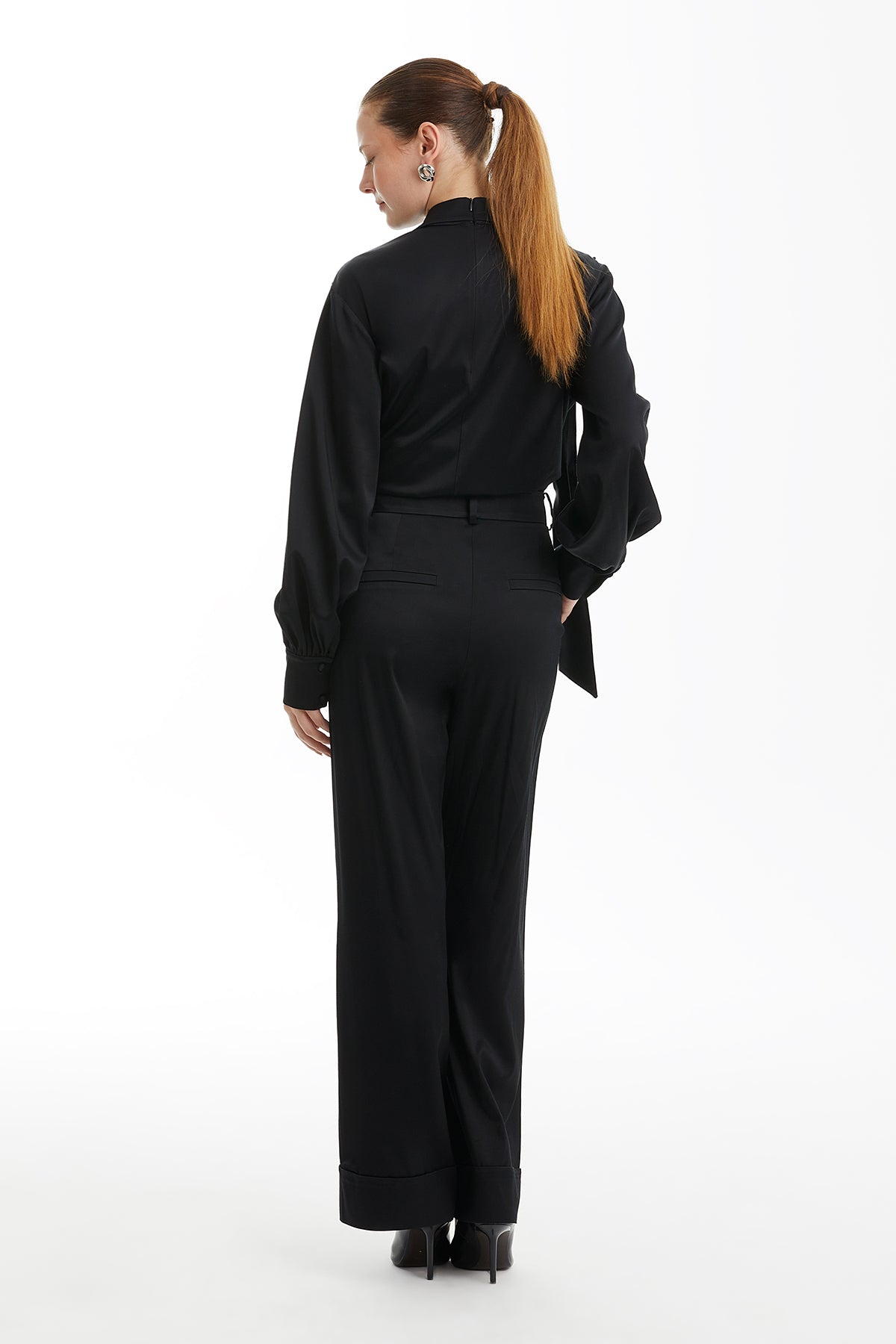 Black Pleated Turn-Up Hem Trousers