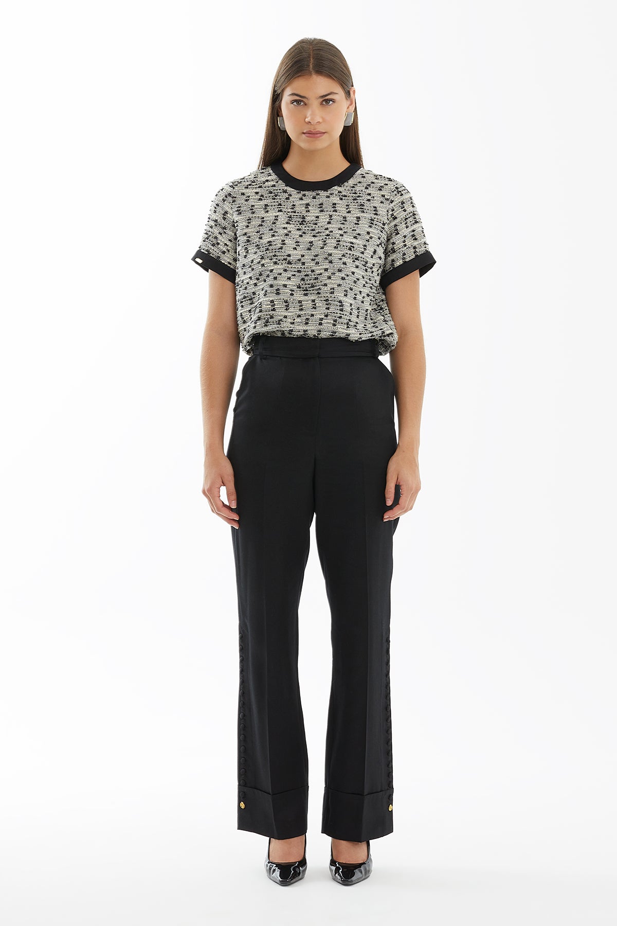 Black Tie-Waist Embroidered Patterned Trousers