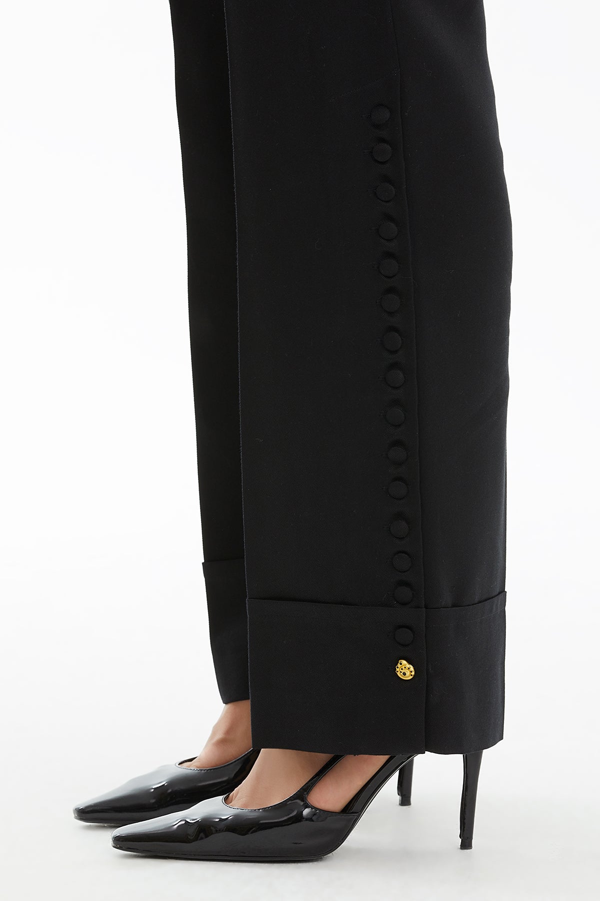 Black Tie-Waist Embroidered Patterned Trousers