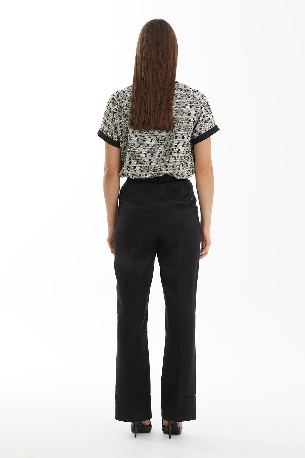 Black Tie-Waist Embroidered Patterned Trousers