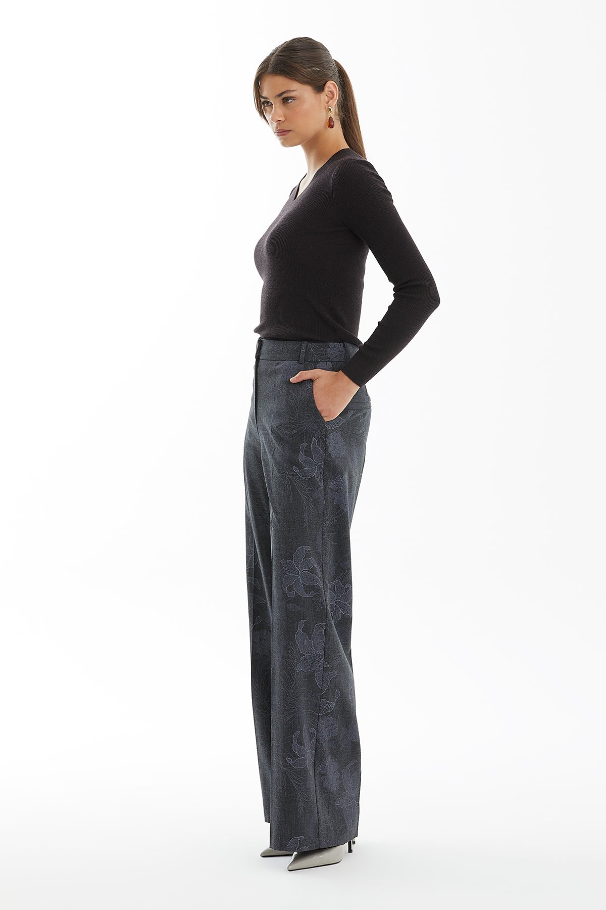 Grey Patterned Logo-Hardware Trousers