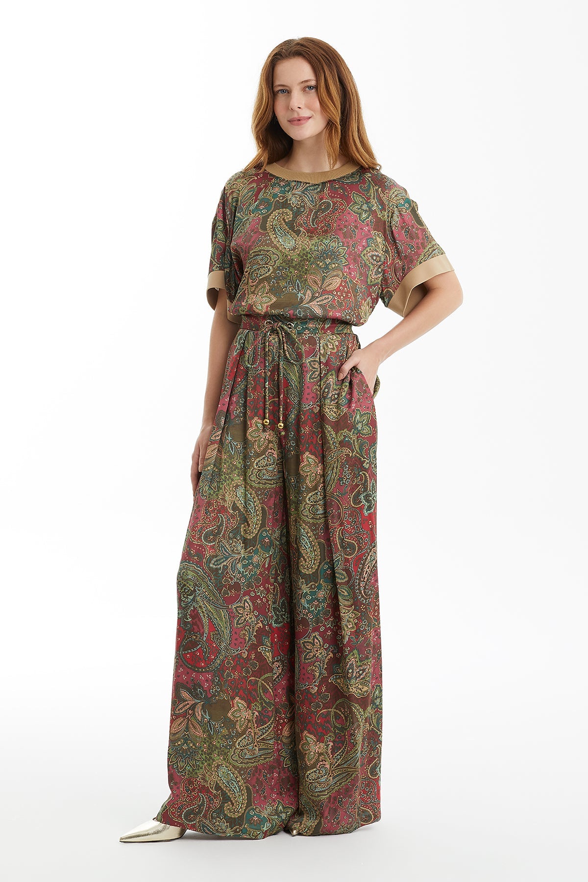 Ruched Eyelet Wide-Leg Trousers