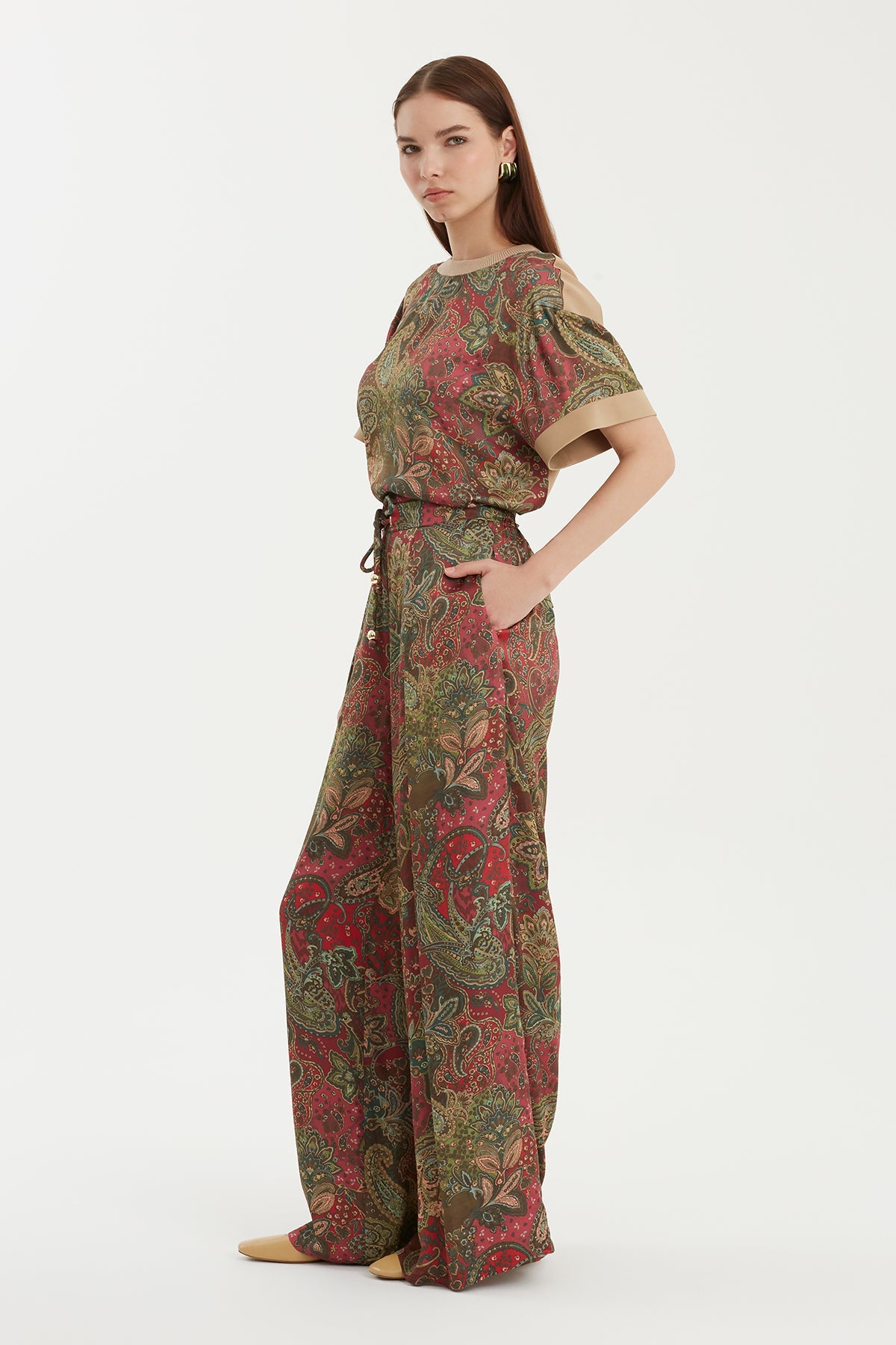 Ruched Eyelet Wide-Leg Trousers