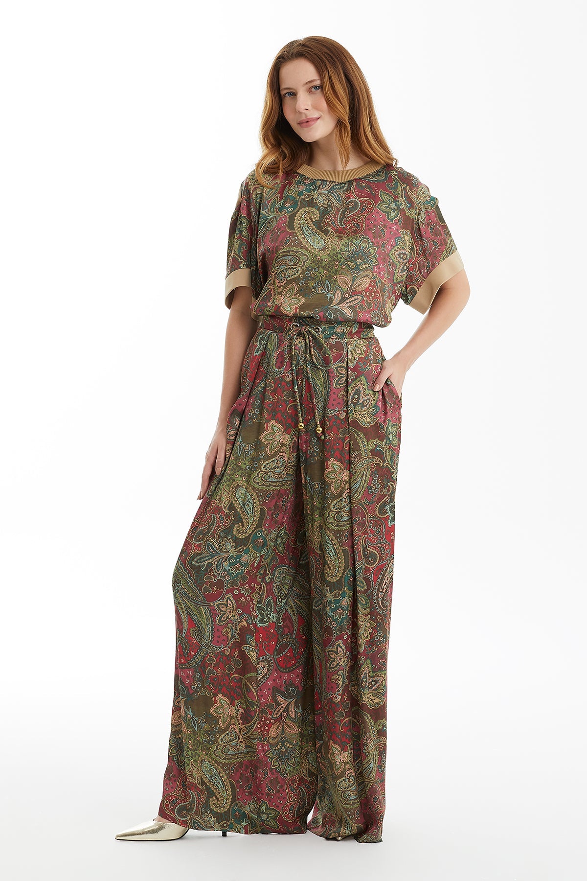Ruched Eyelet Wide-Leg Trousers