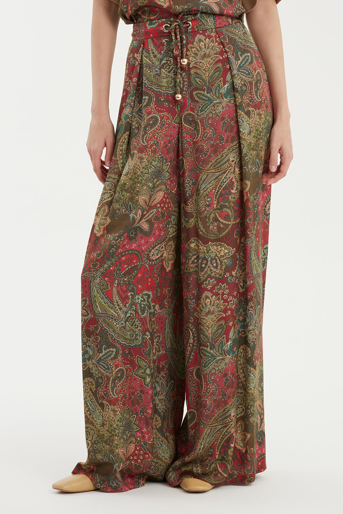 Ruched Eyelet Wide-Leg Trousers
