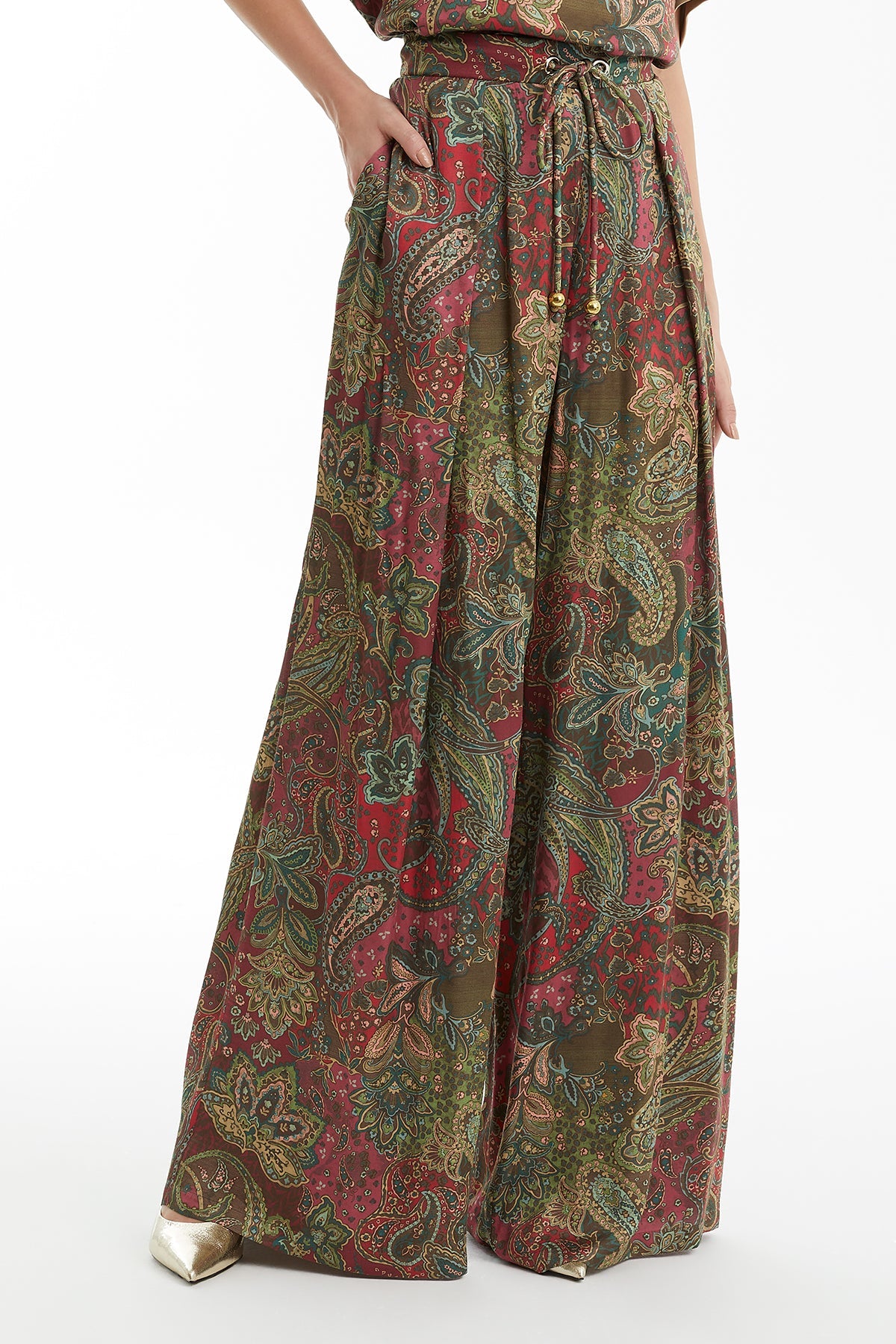 Ruched Eyelet Wide-Leg Trousers