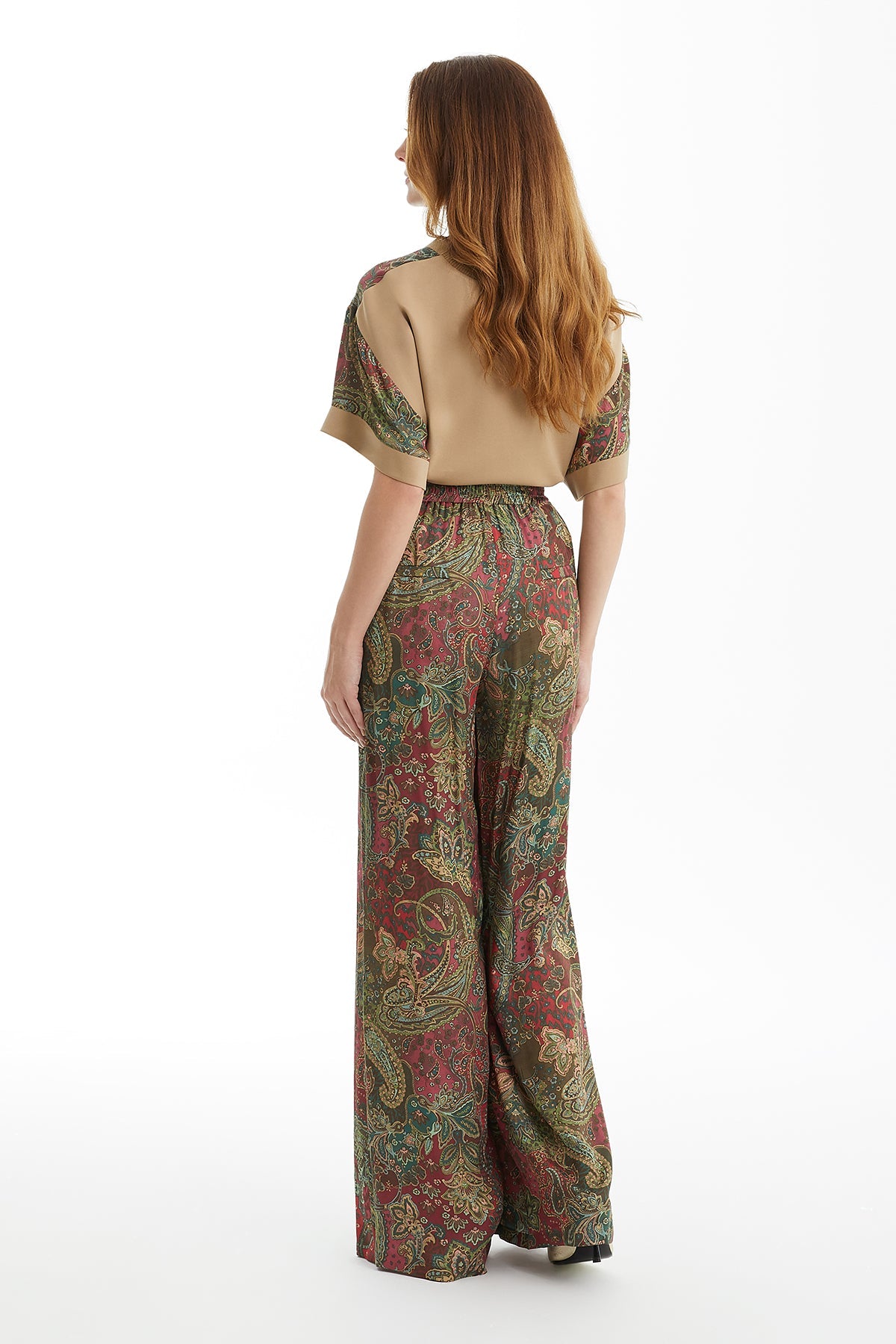 Ruched Eyelet Wide-Leg Trousers