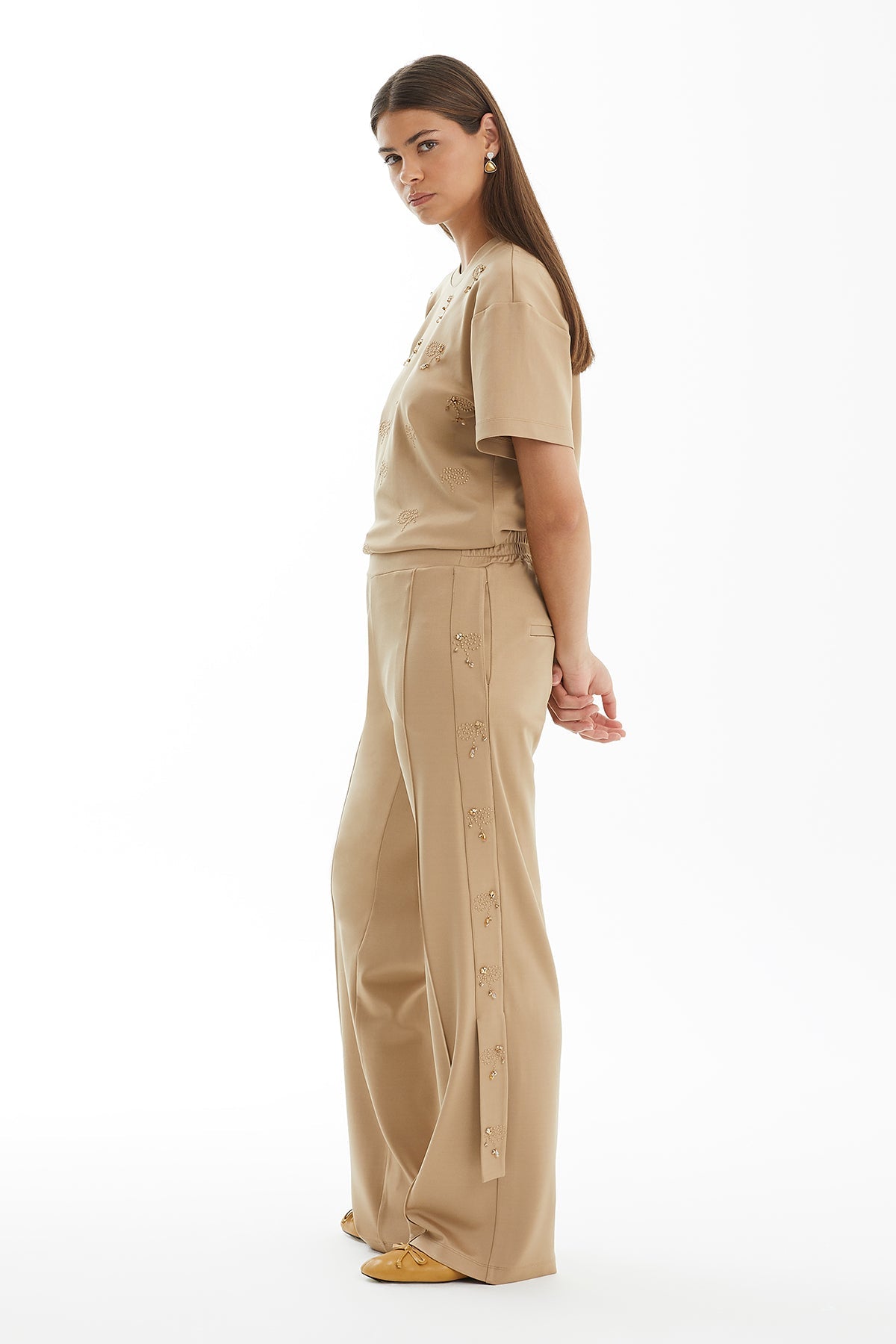 Beige Textured Embroidered Trousers