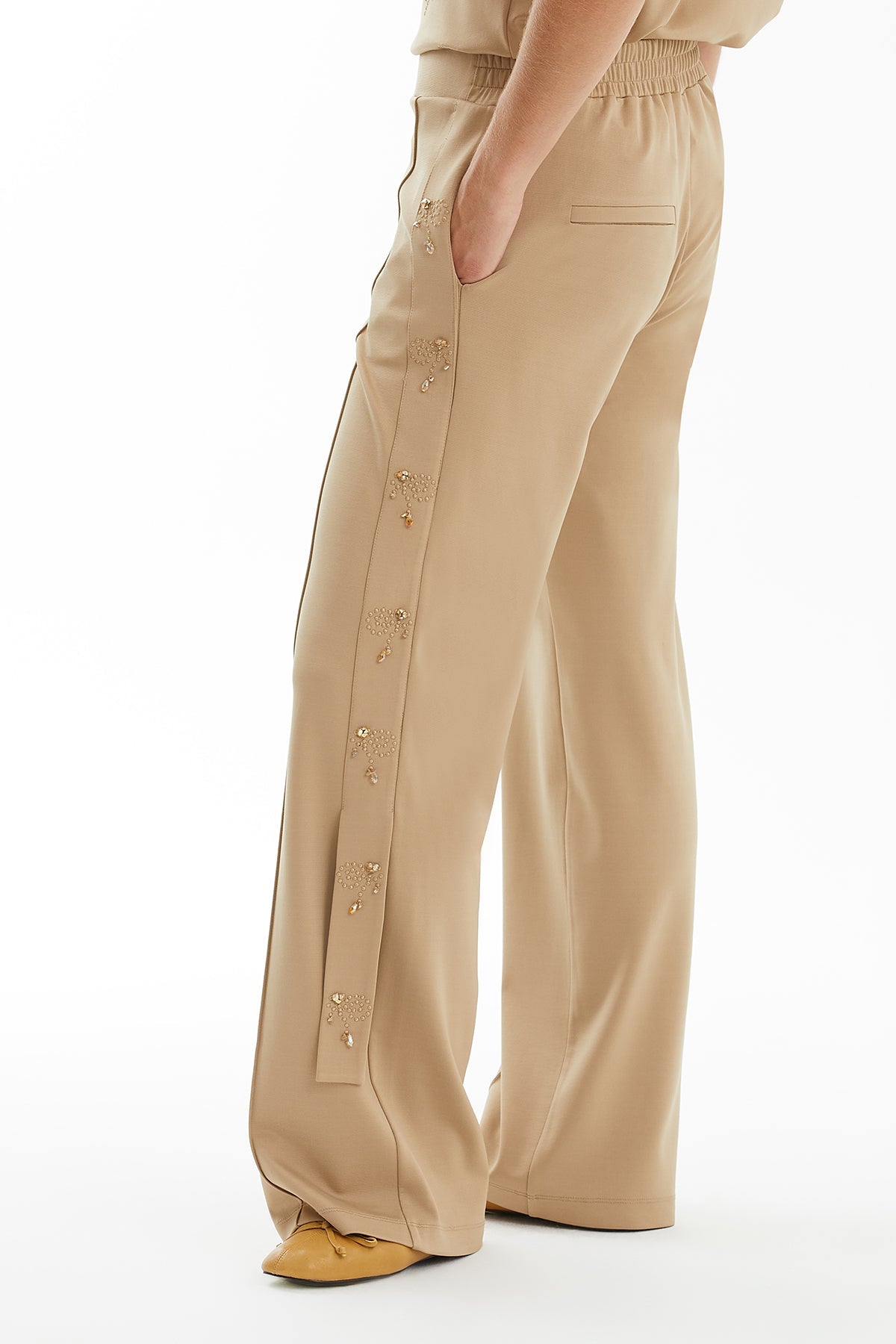 Beige Textured Embroidered Trousers