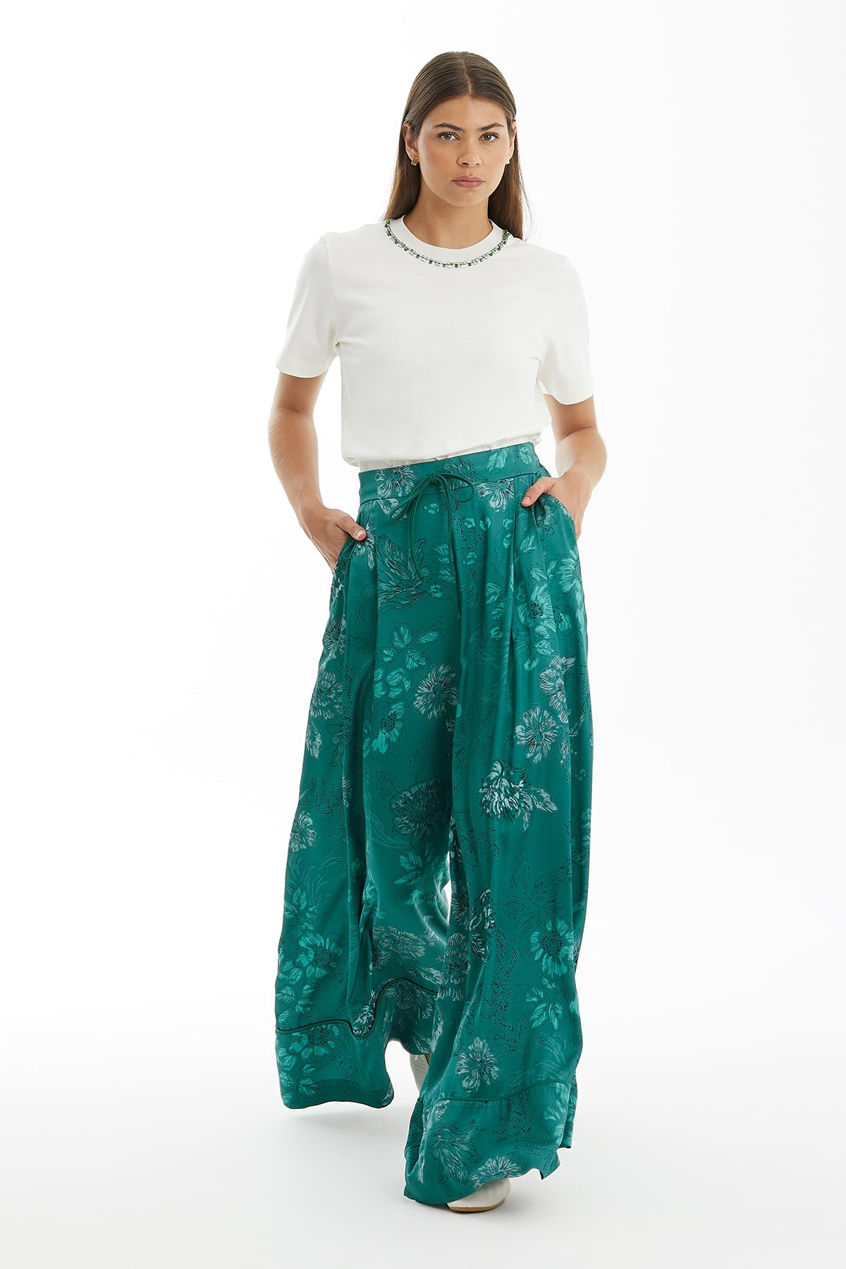 Green Floral Wide-Leg Trousers