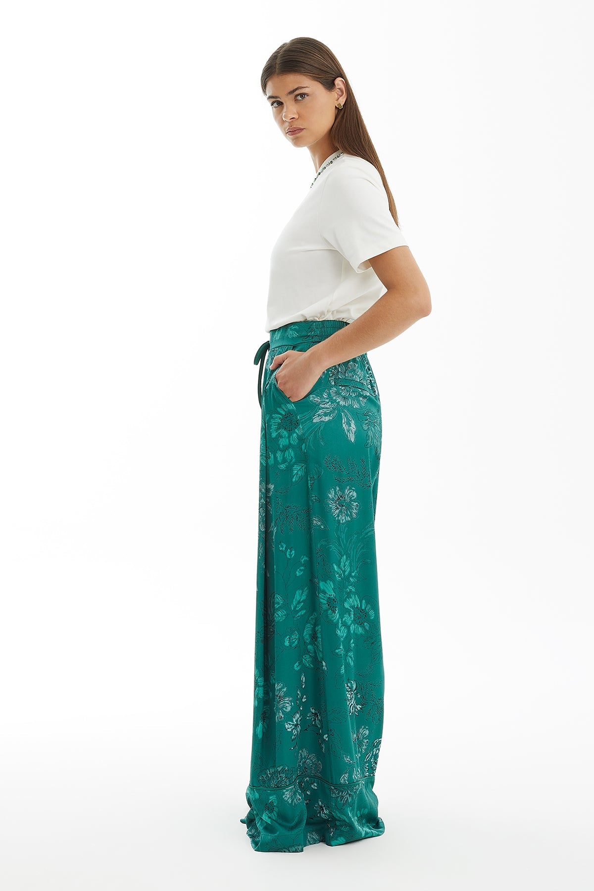 Green Floral Wide-Leg Trousers