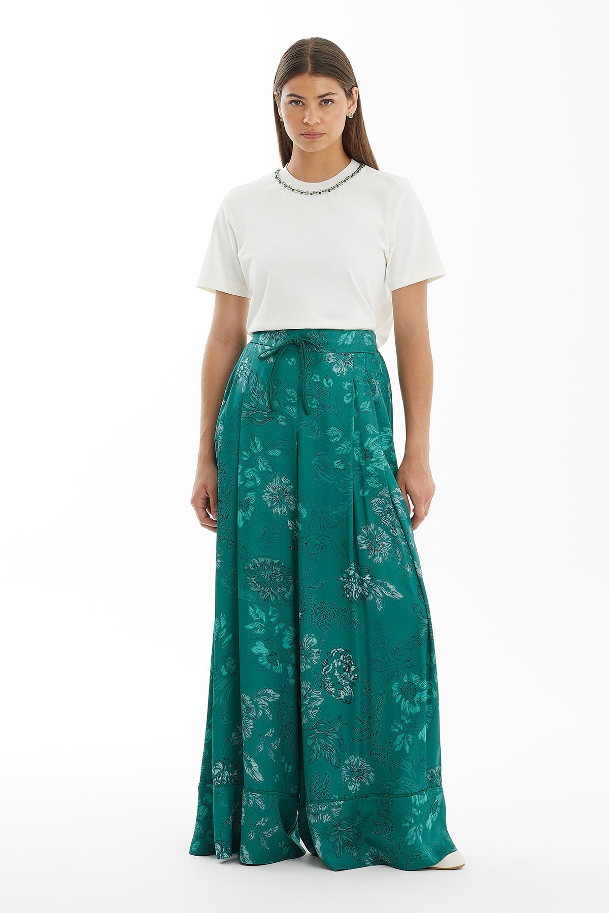 Green Floral Wide-Leg Trousers