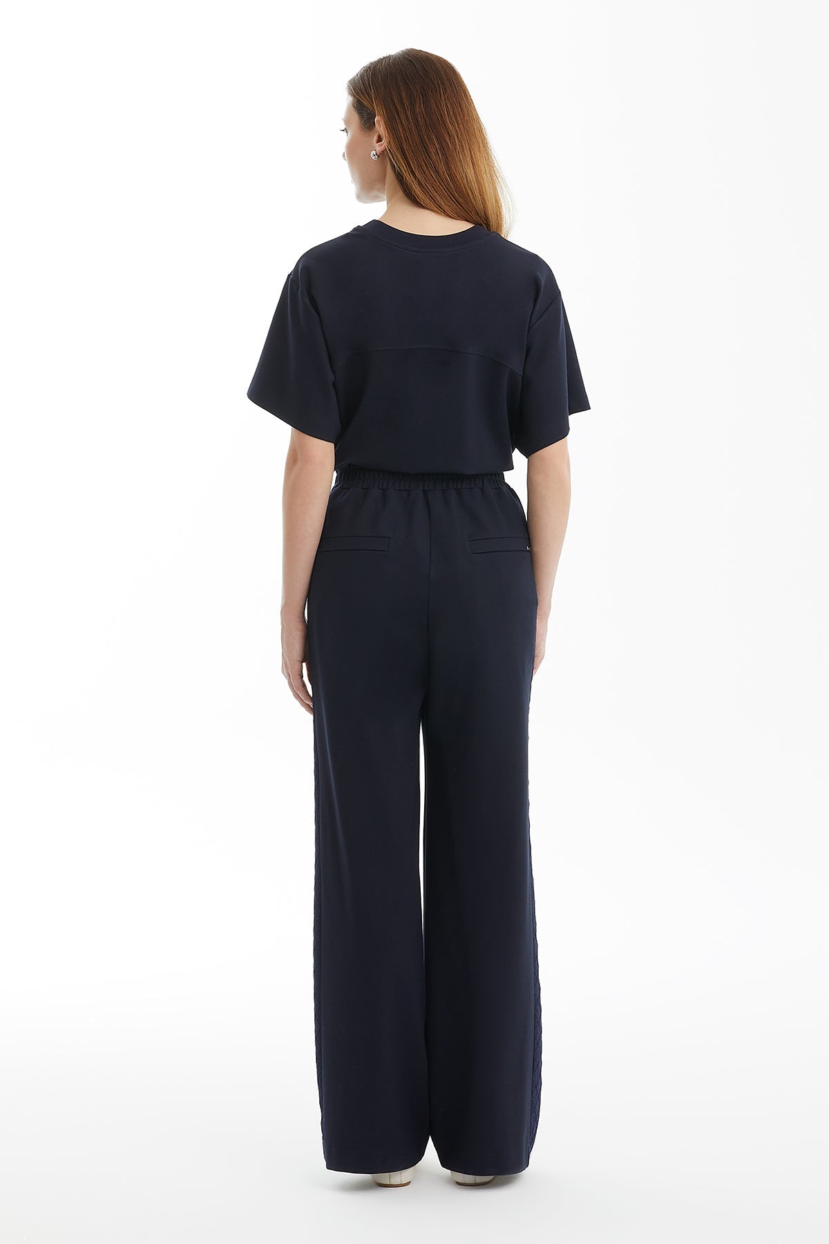 Dark Navy Geometric Side-Stripe Track Pants