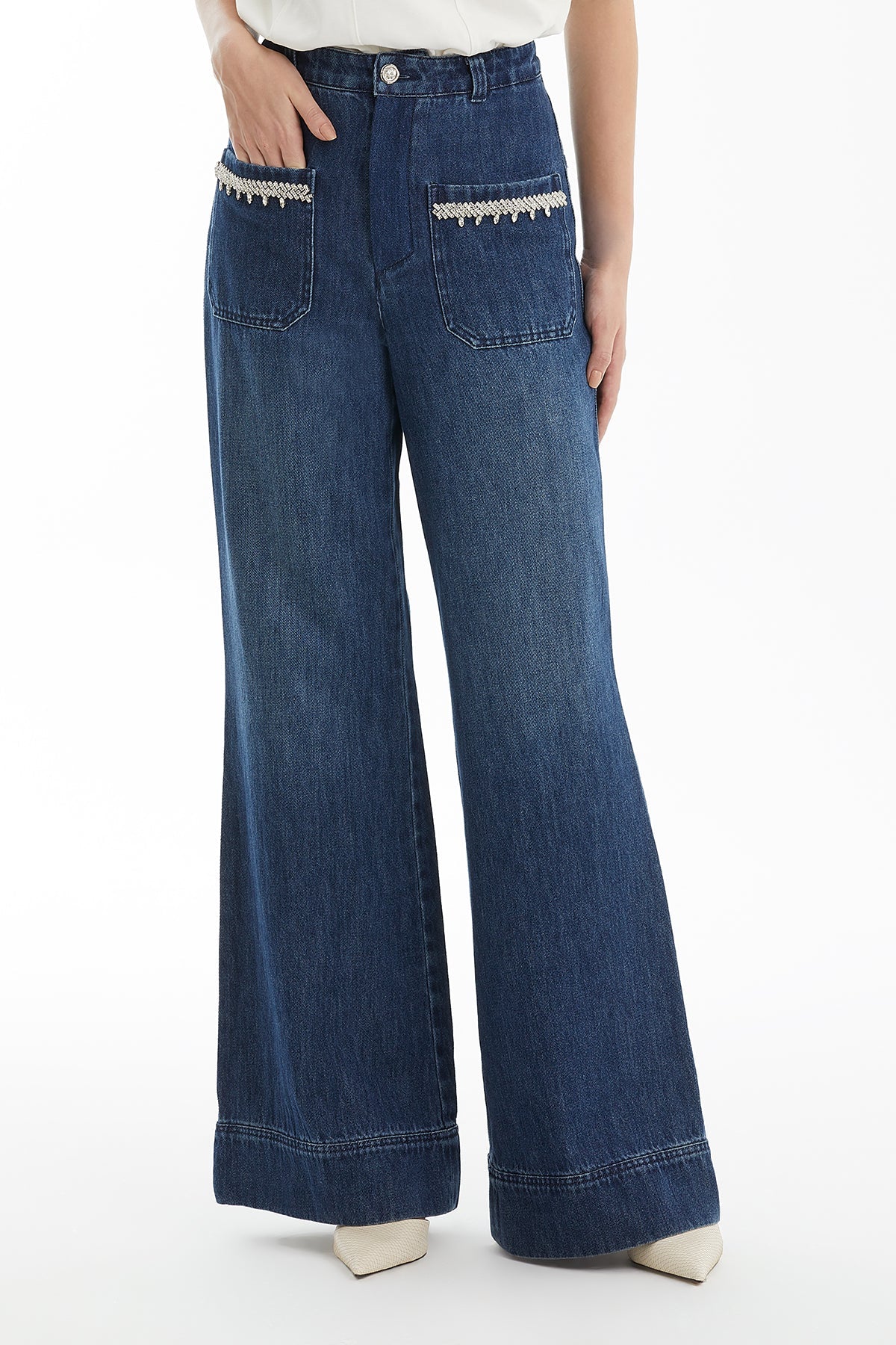 Blue Crystal-Stripe Denim Pants