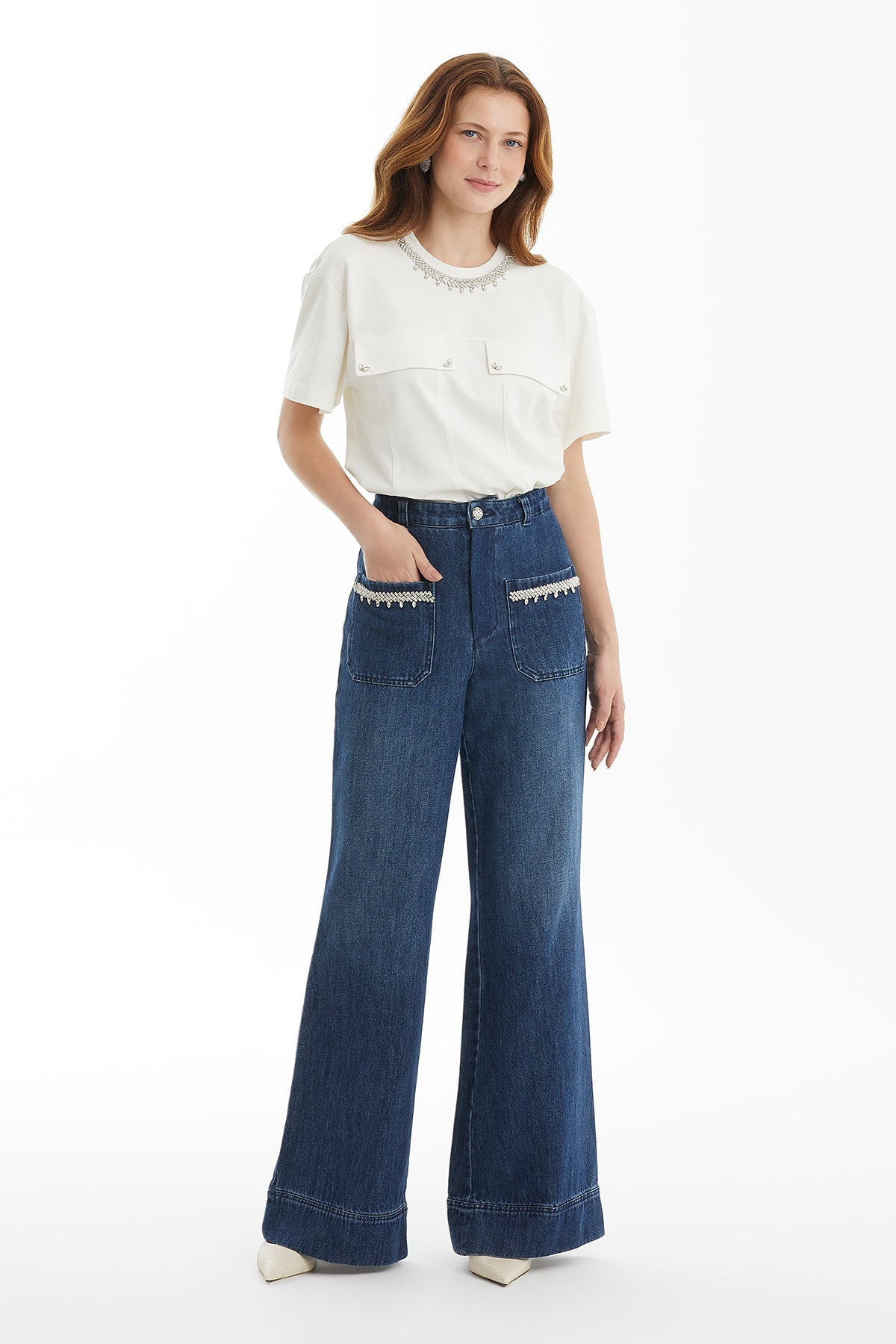Blue Crystal-Stripe Denim Pants