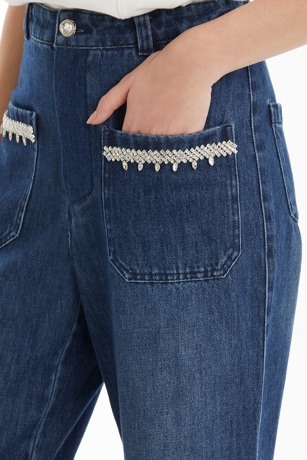 Blue Crystal-Stripe Denim Pants