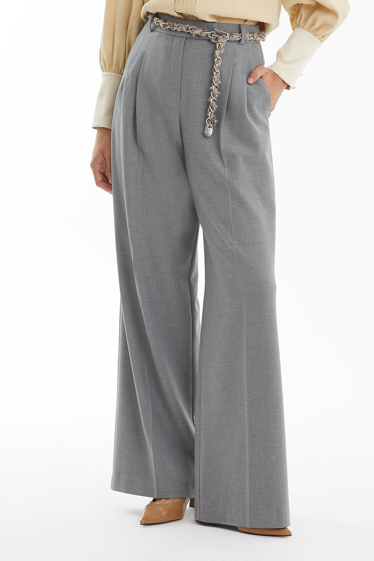 Grey Pleated Relaxed-Fit Pants
