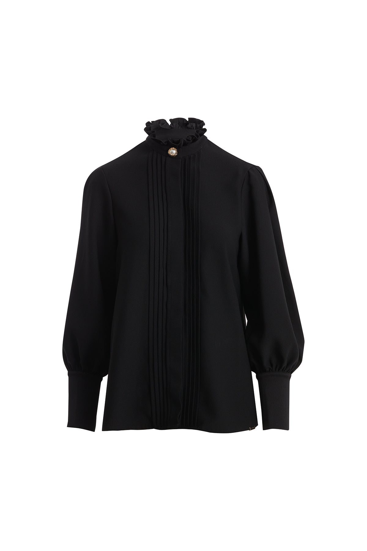 Black Ruffle-Neck Pintuck Shirt