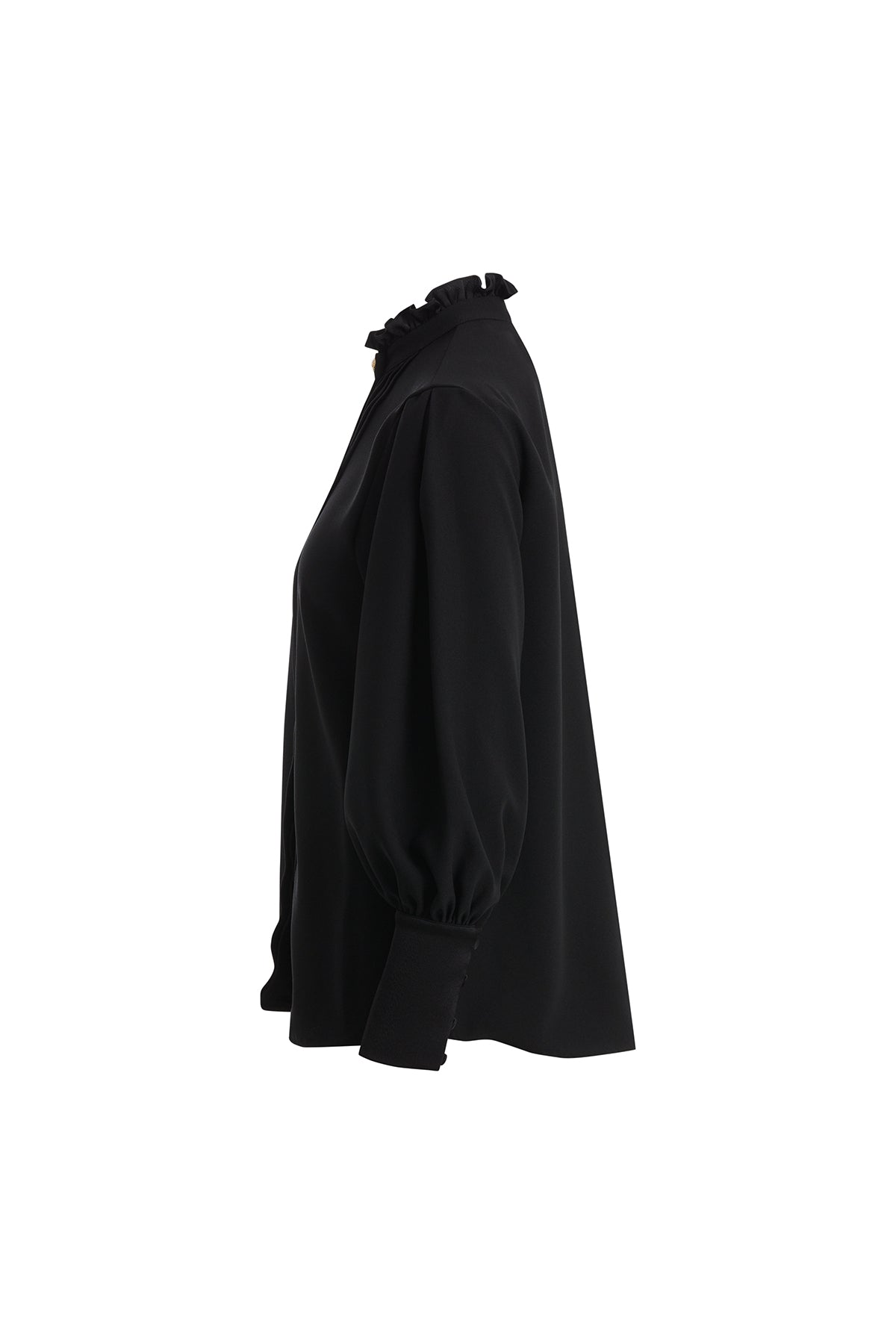 Black Ruffle-Neck Pintuck Shirt