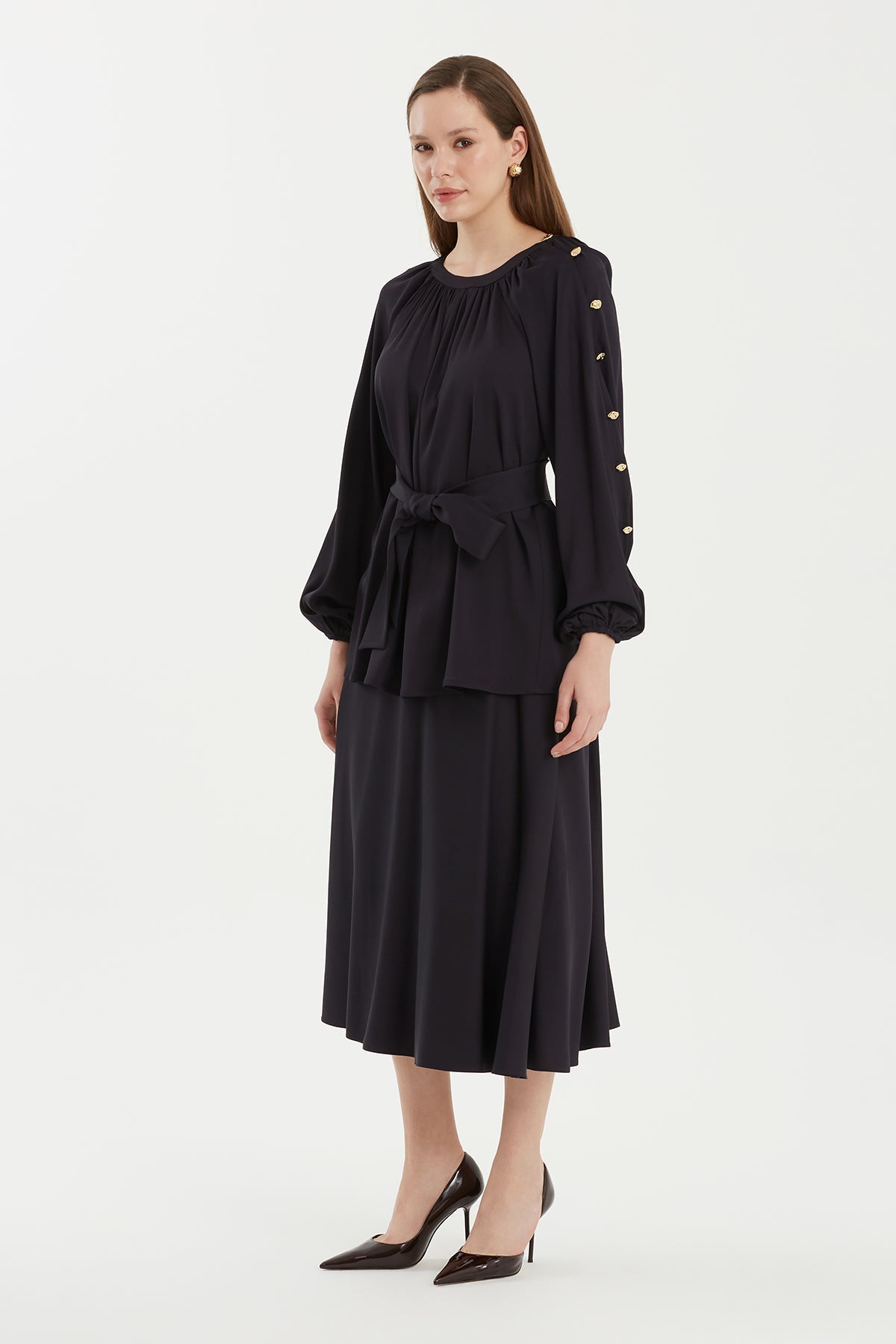 Dark Navy Ruched Button-Cuff Blouse