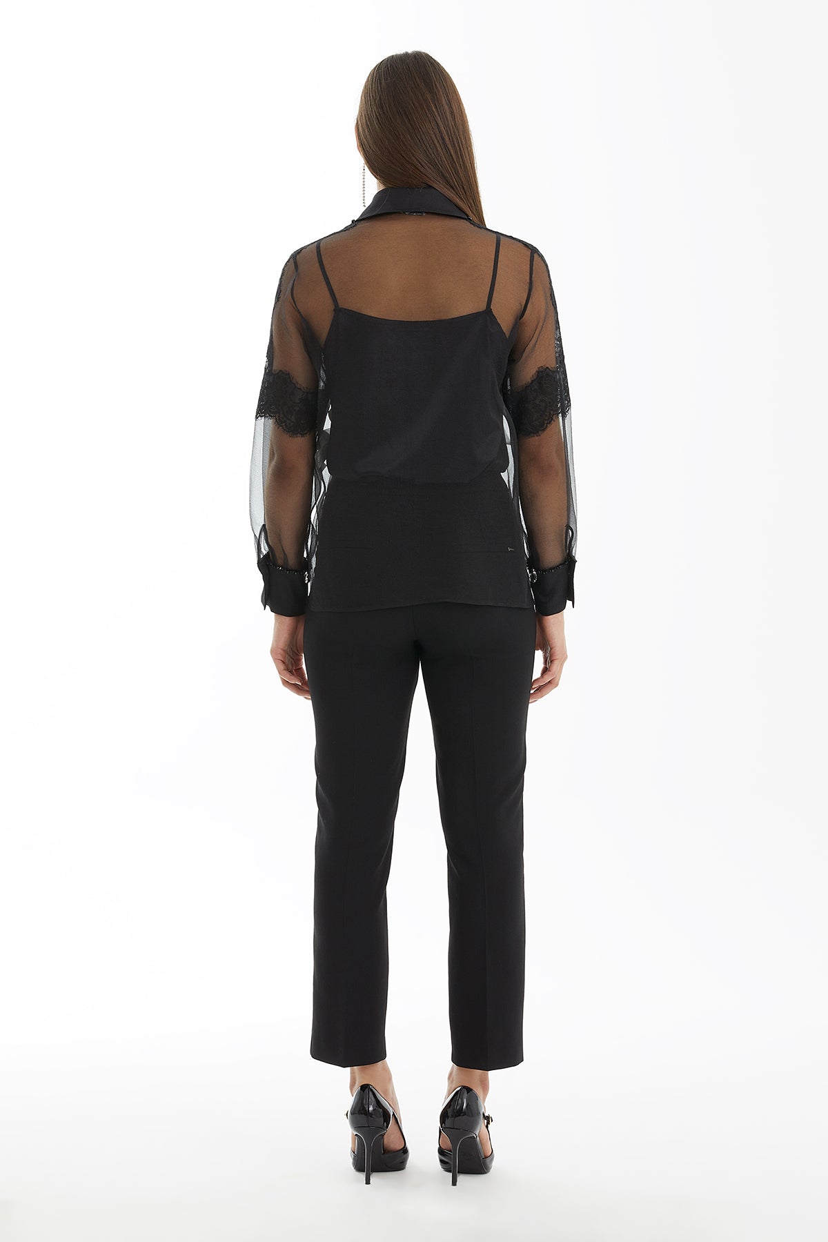 Black Lace-Detail Sheer Shirt