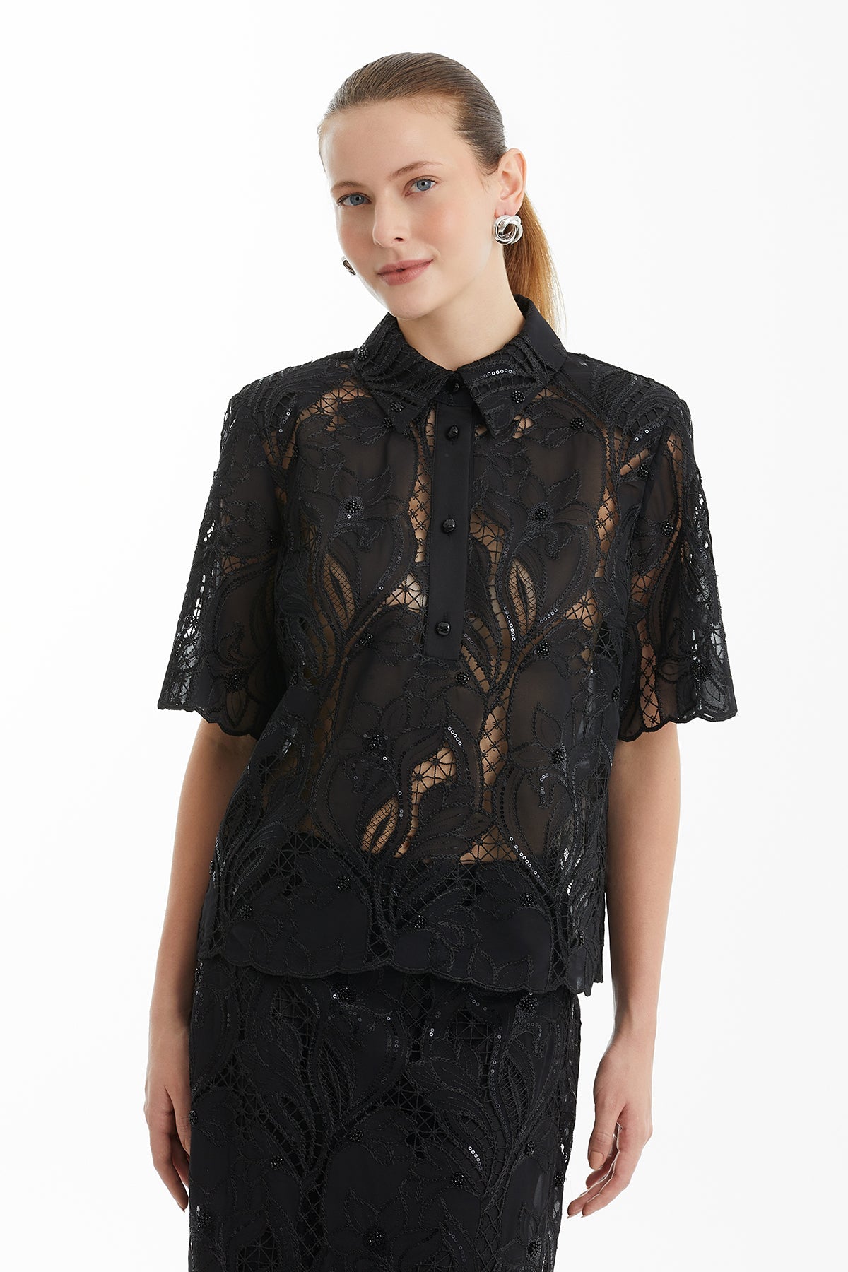 Black Short-Sleeve Sheer Patterned Blouse