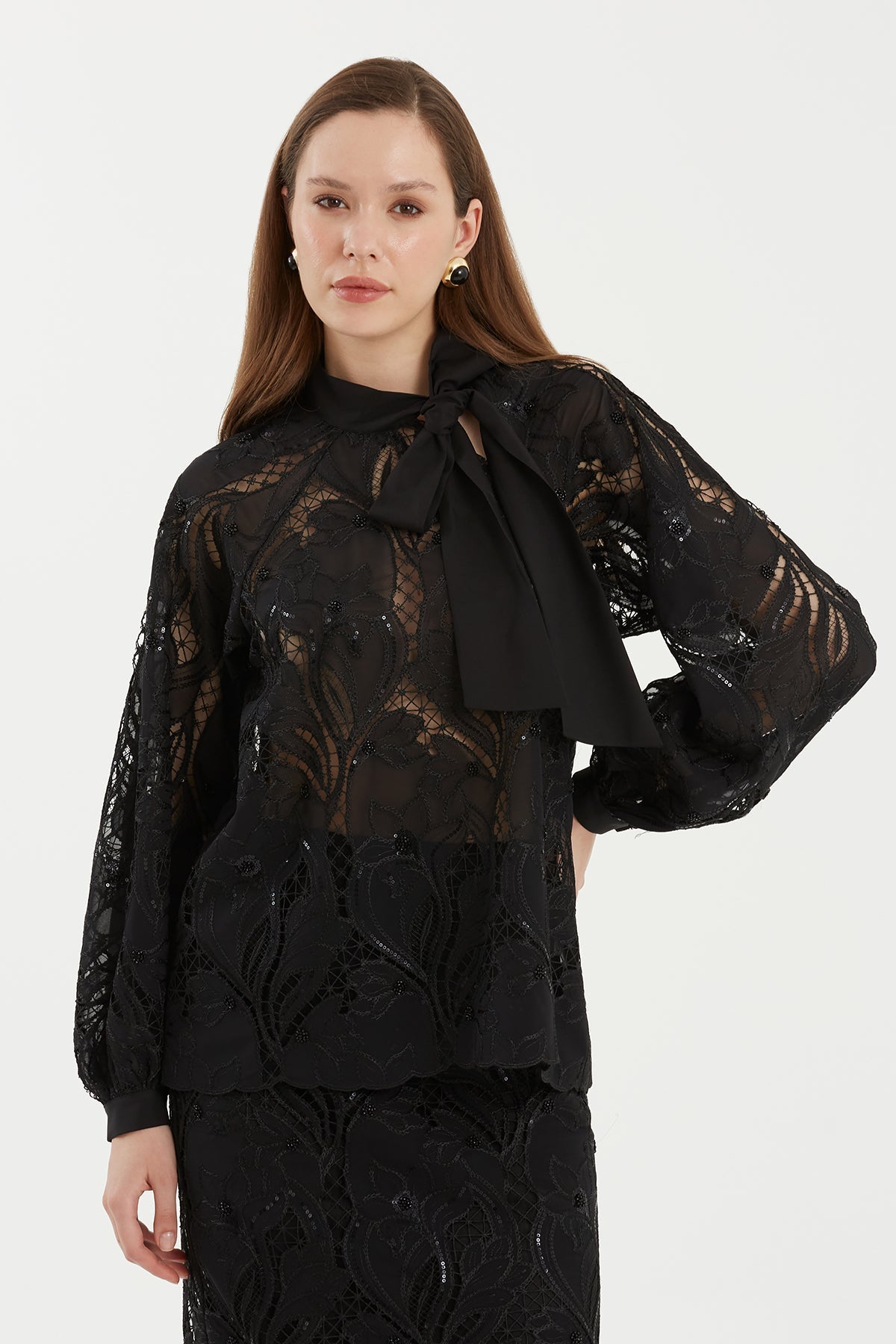Black Balloon-Sleeve Sheer Patterned Blouse