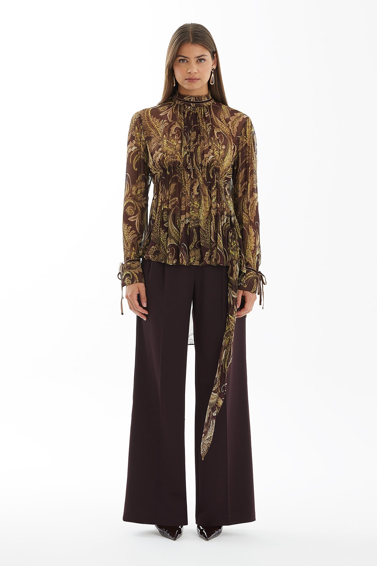 Velvet-Tie Patterned Blouse