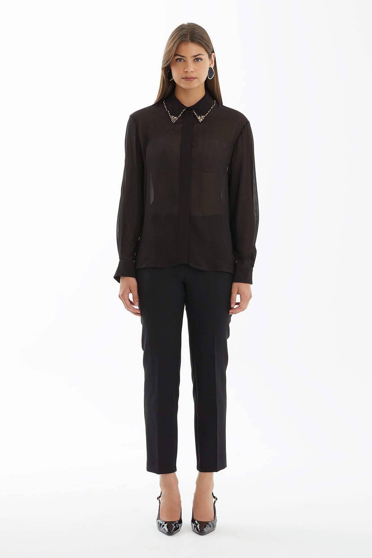 Brown Sheer Embroidered-Collar Shirt