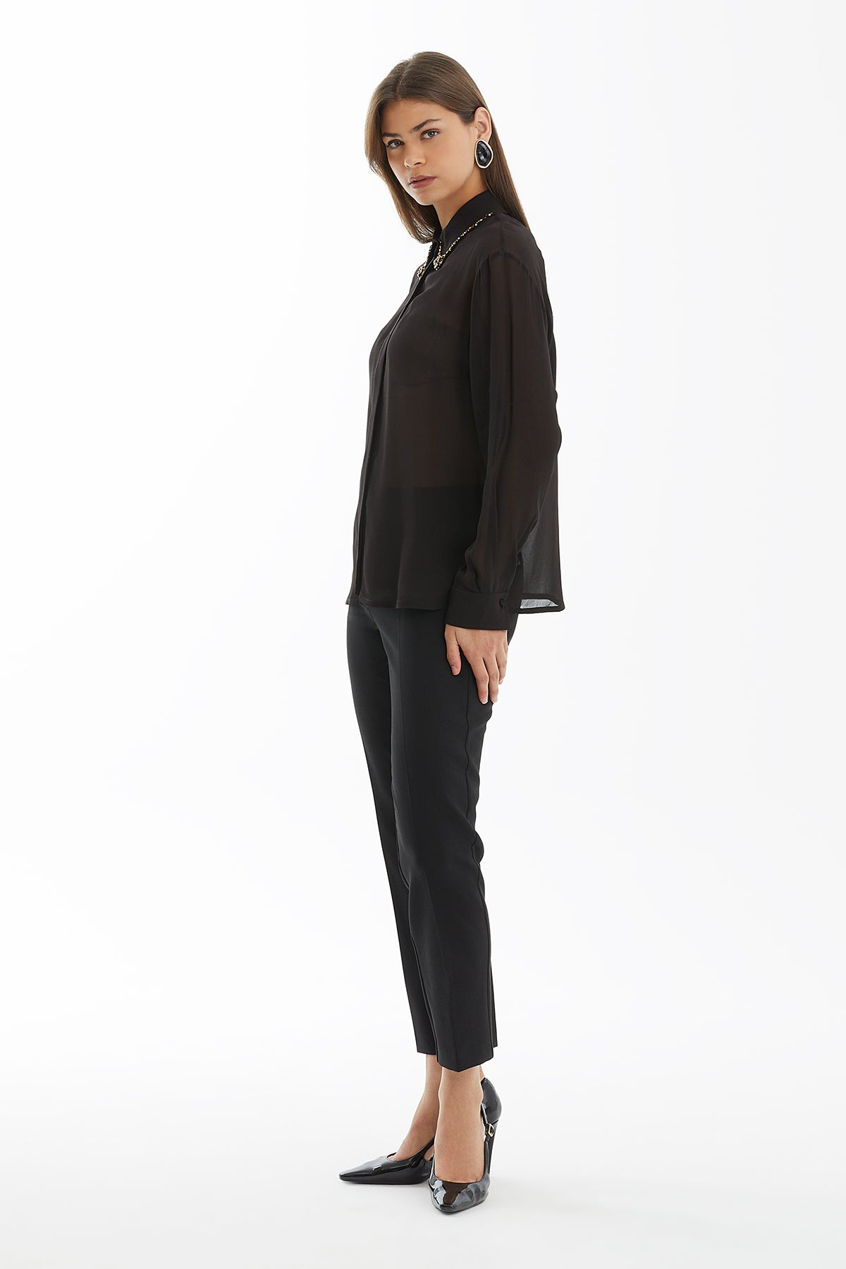 Brown Sheer Embroidered-Collar Shirt