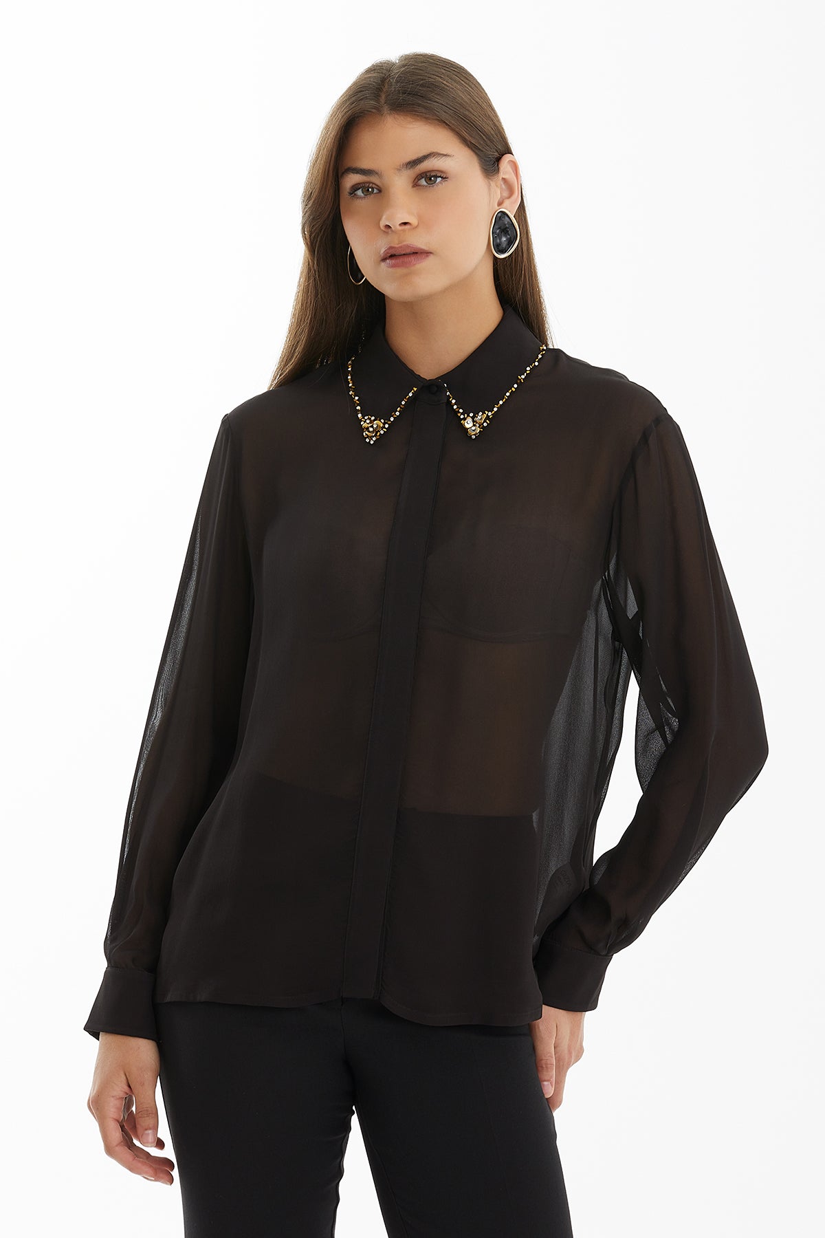 Brown Sheer Embroidered-Collar Shirt