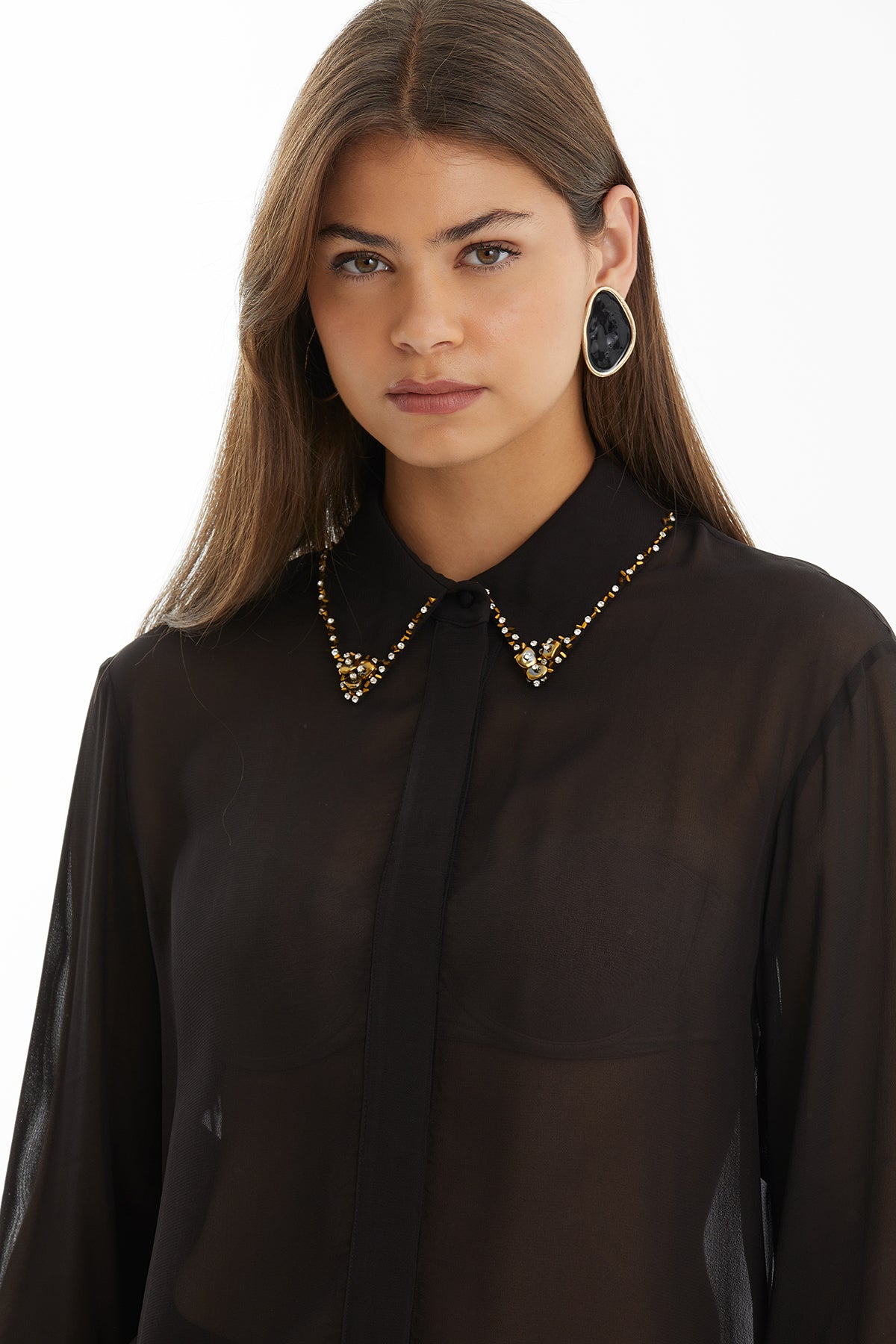 Brown Sheer Embroidered-Collar Shirt