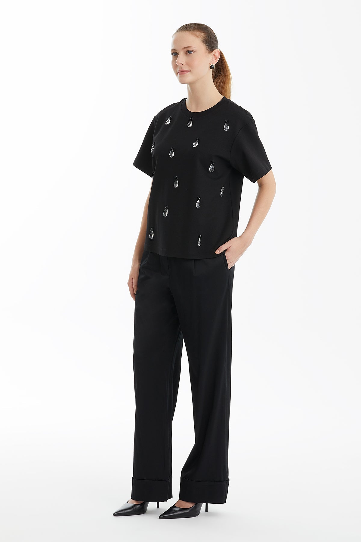 Black Beaded Crew Neck T-Shirt