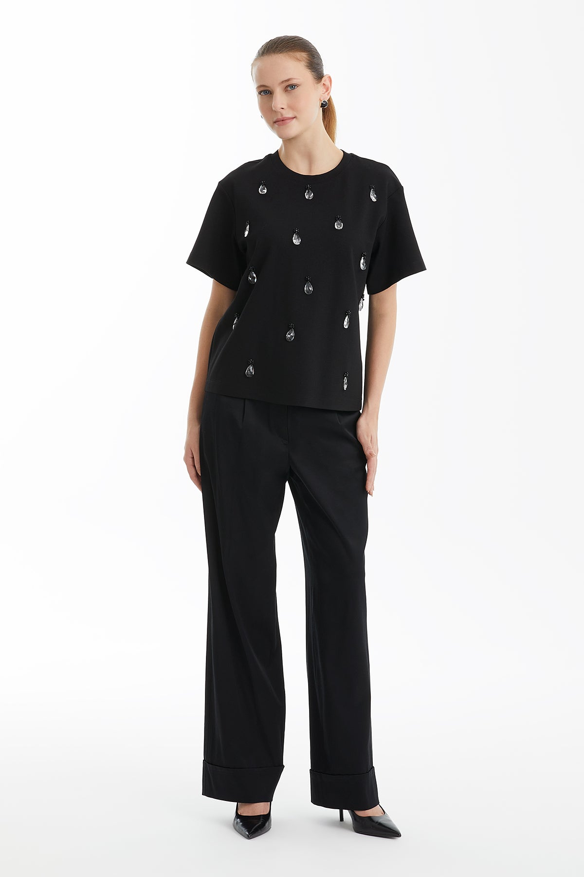 Black Beaded Crew Neck T-Shirt