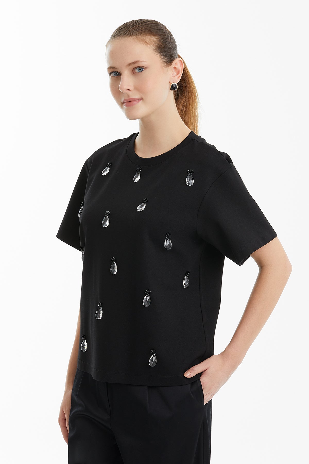 Black Beaded Crew Neck T-Shirt