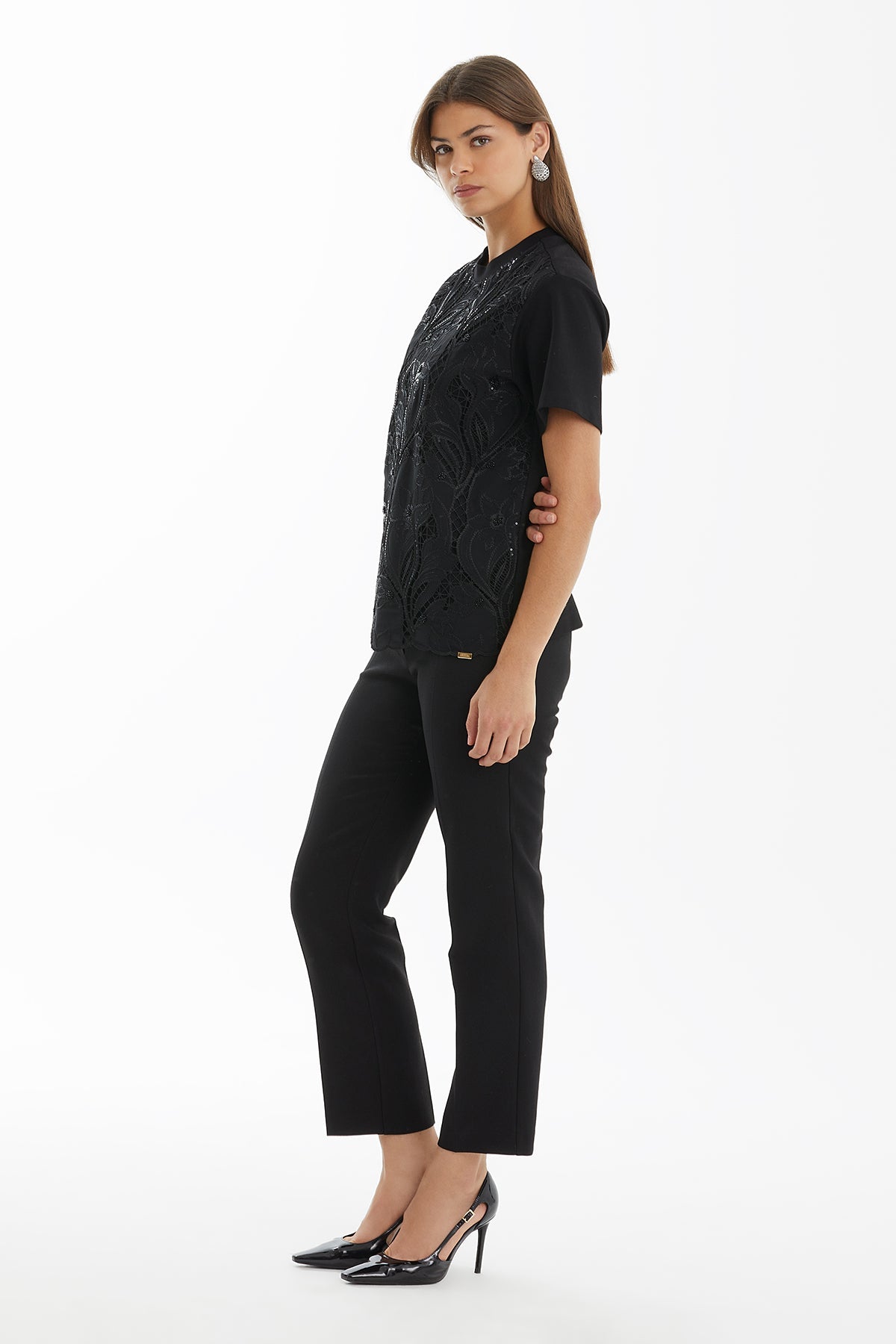 Black Front-Print Boat-Neck T-Shirt