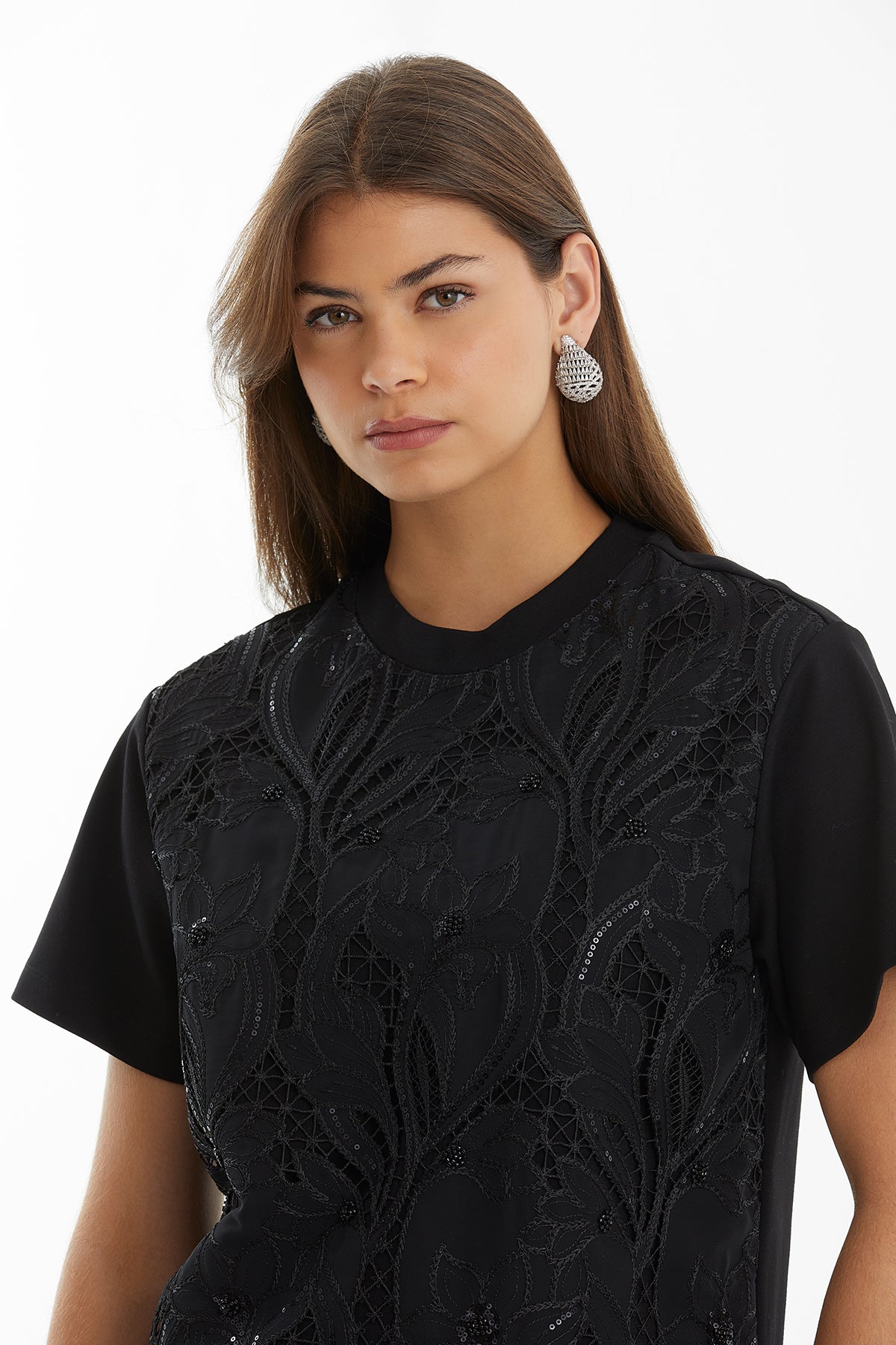 Black Front-Print Boat-Neck T-Shirt