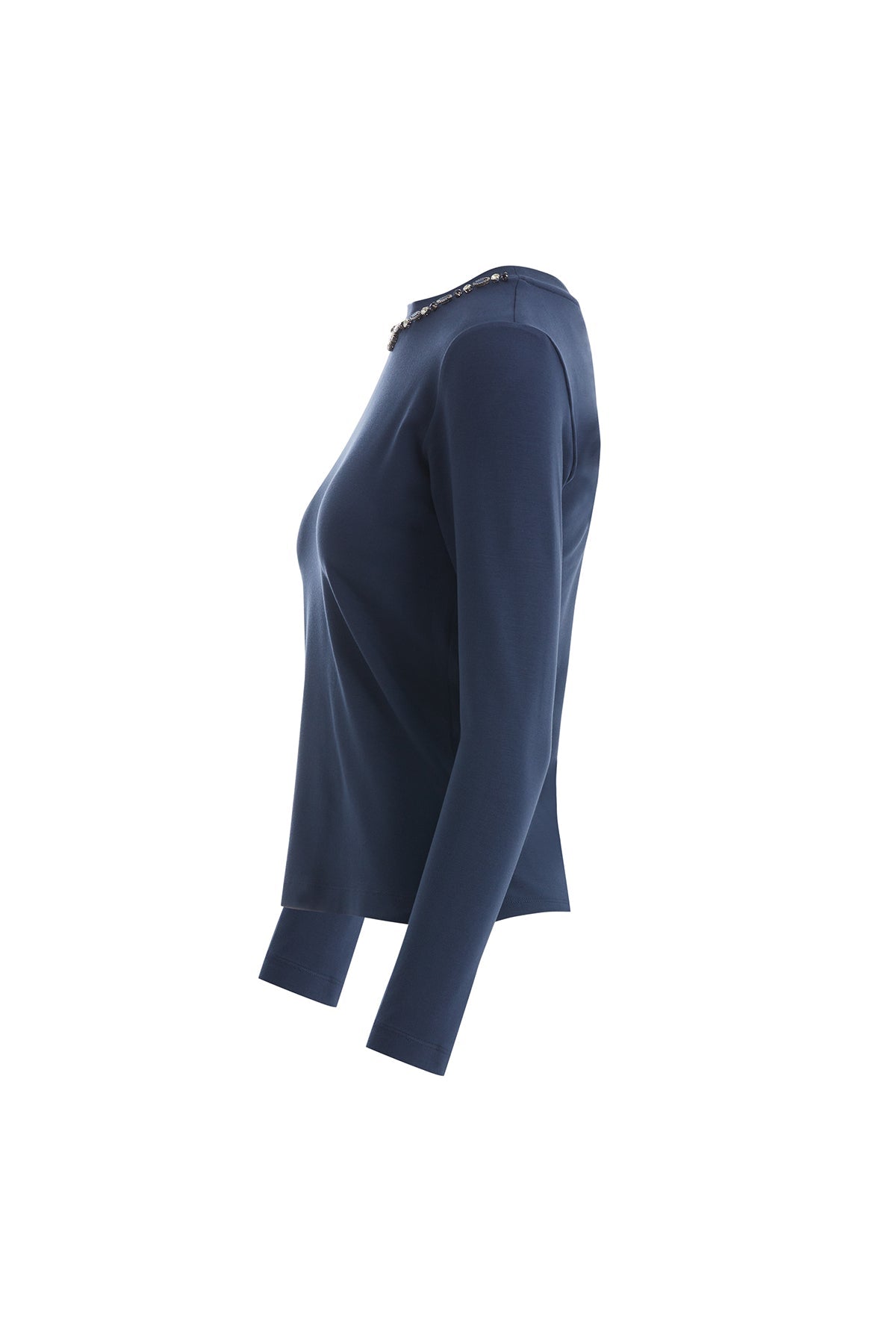 Dark Navy Long-Sleeve Crystal-Collar Blouse