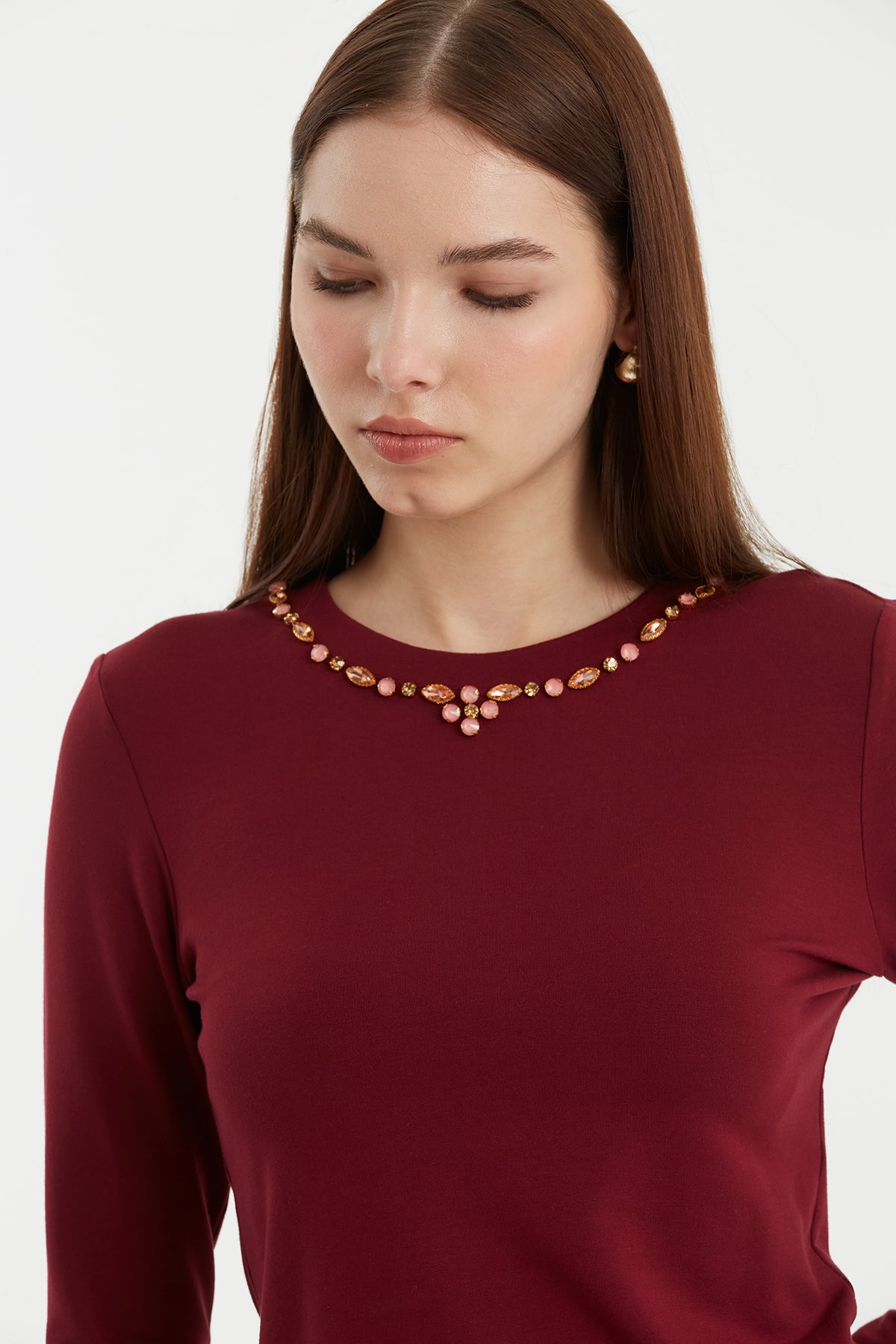 Red Long-Sleeve Crystal-Collar Blouse
