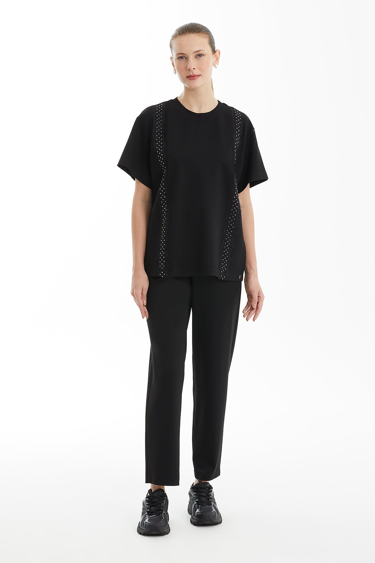 Black Ribbon-Trim Embellished T-Shirt