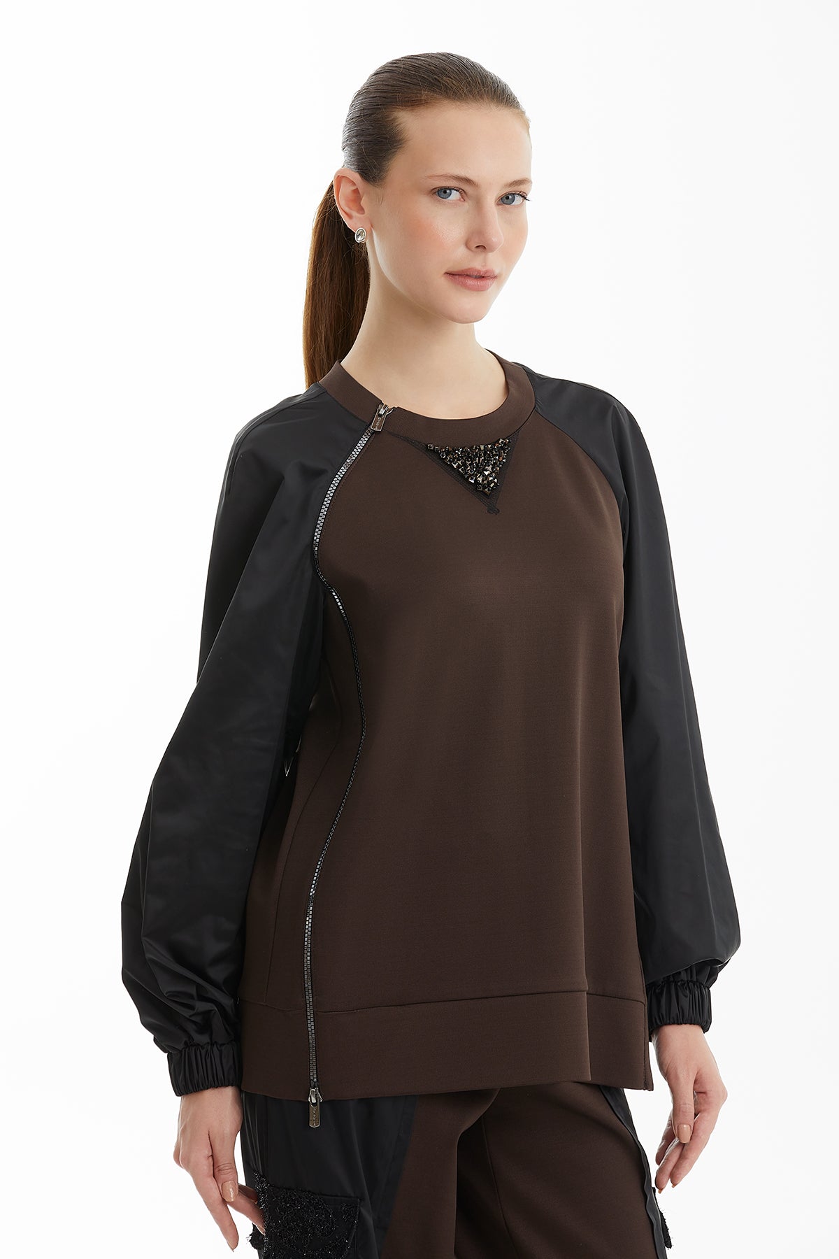 Brown Zip-Detail Embroidered Sweatshirt