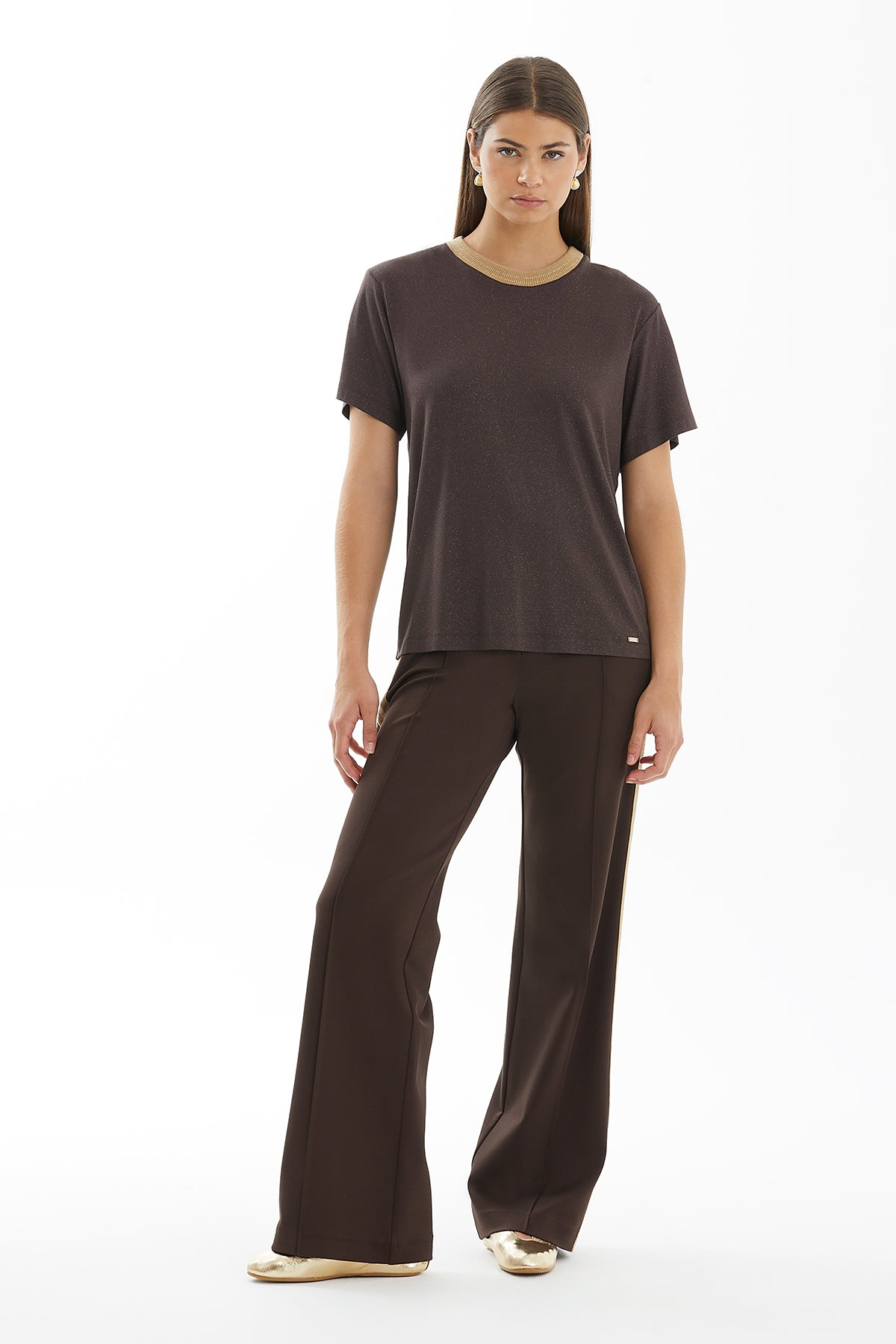 Brown Lustrous T-Shirt with Knit Collar