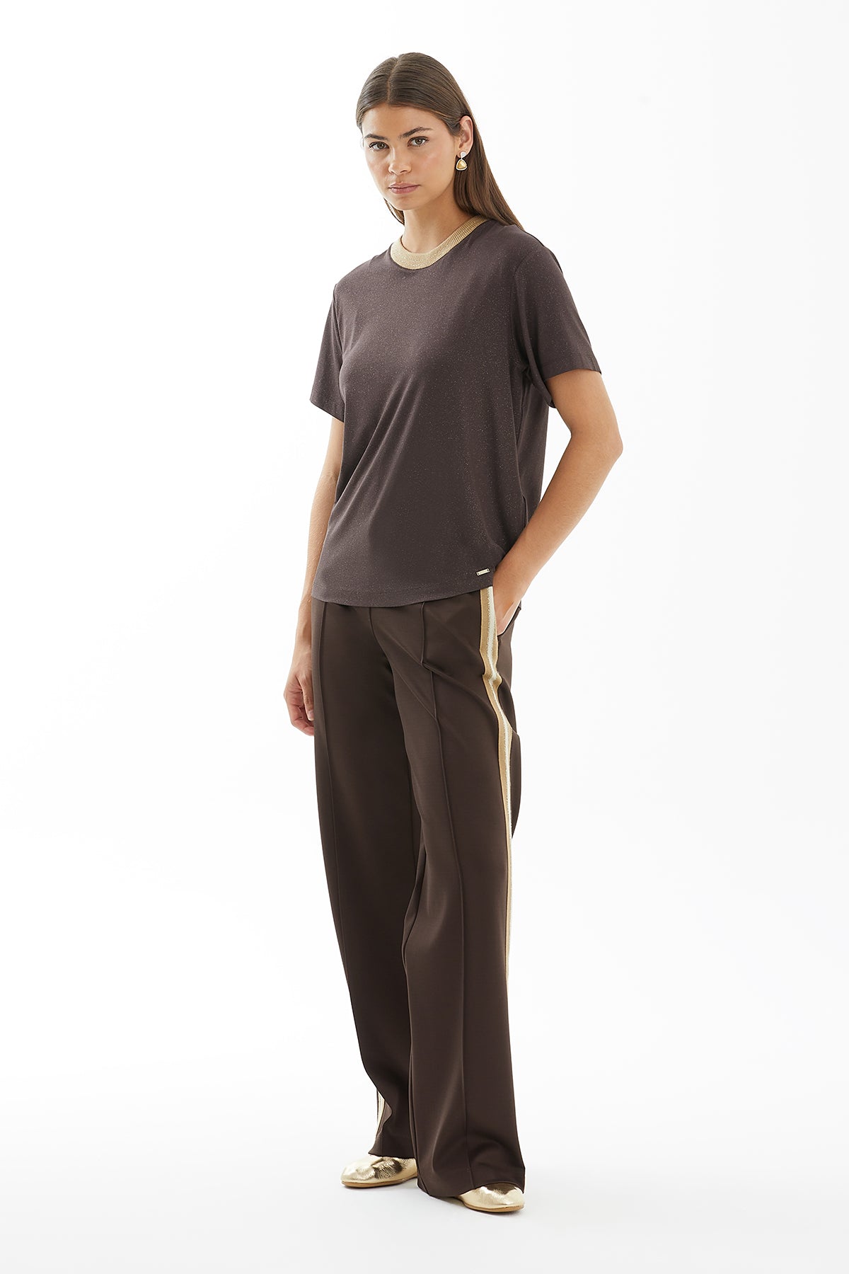 Brown Lustrous T-Shirt with Knit Collar