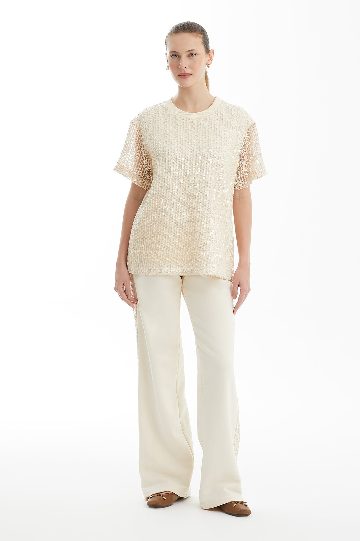 Ecru Sequin Detail Knit T-Shirt